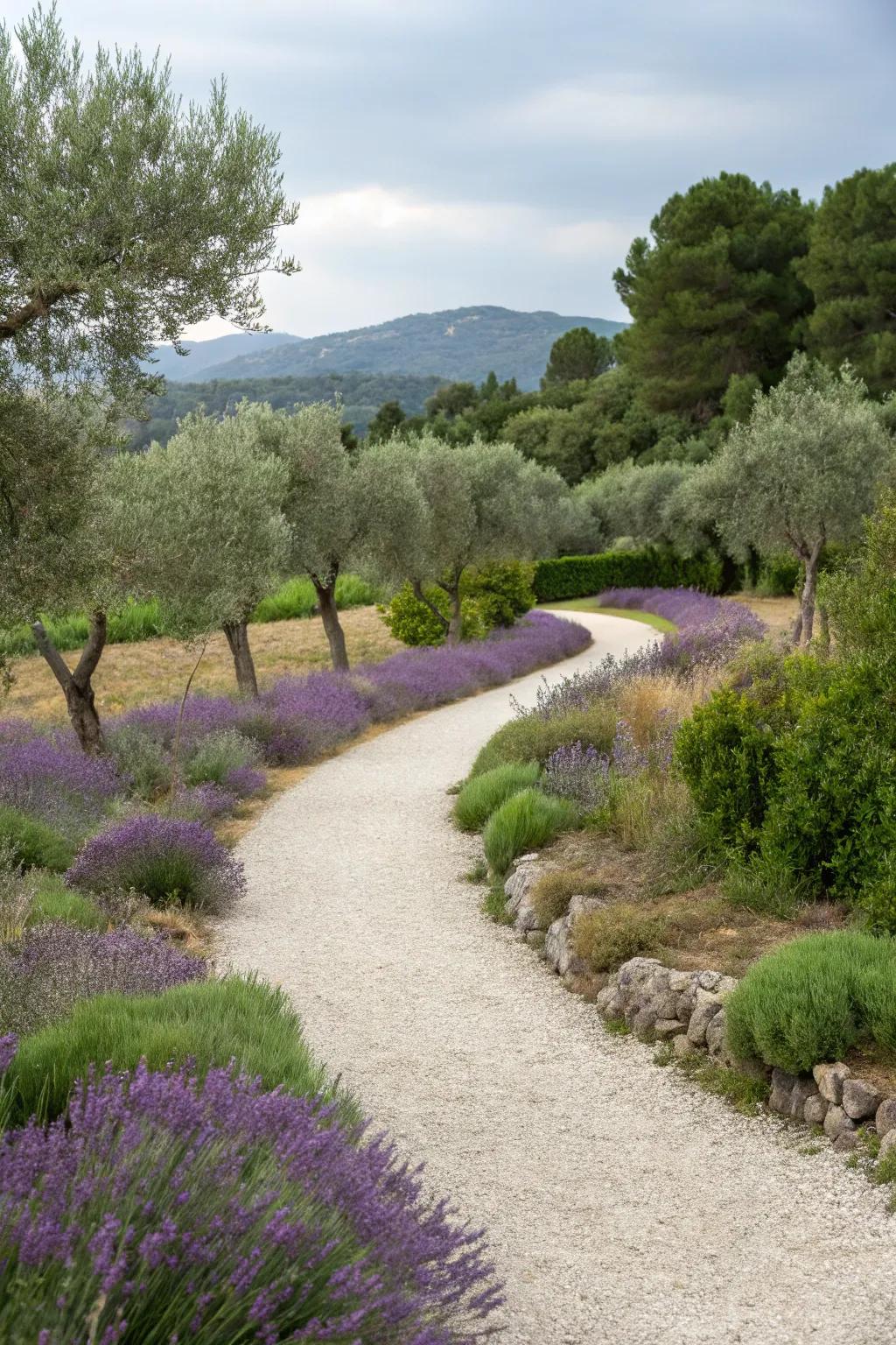 A gravel path through a lavender-lined Provence garden.