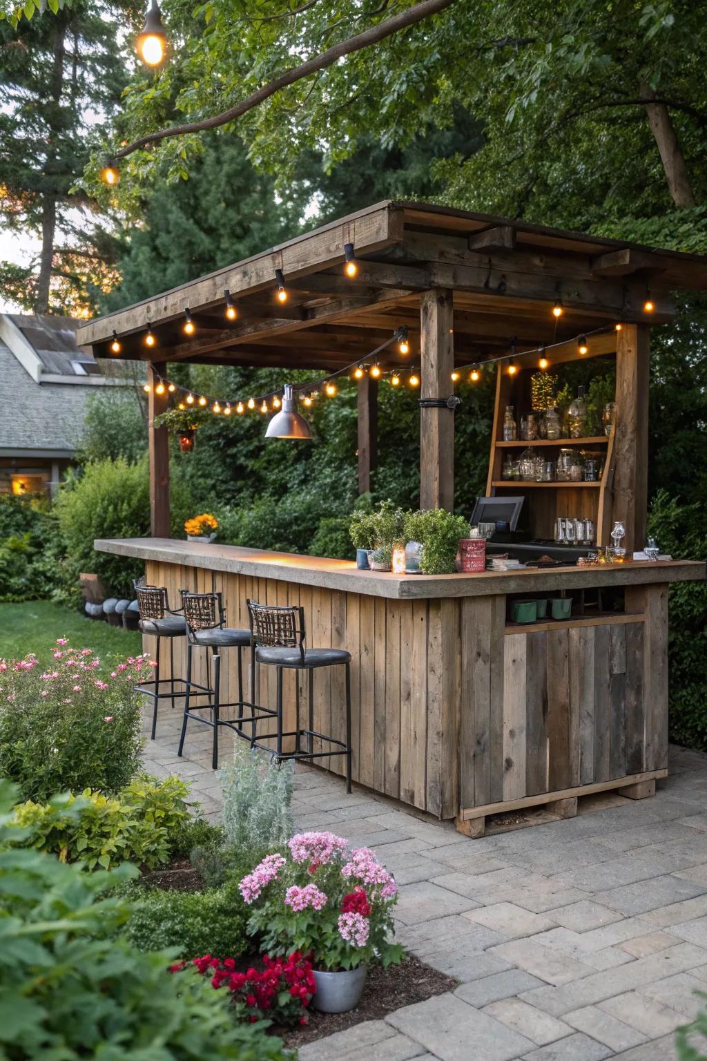 A rustic bar crafted from reclaimed wood can become the centerpiece of your beer garden.