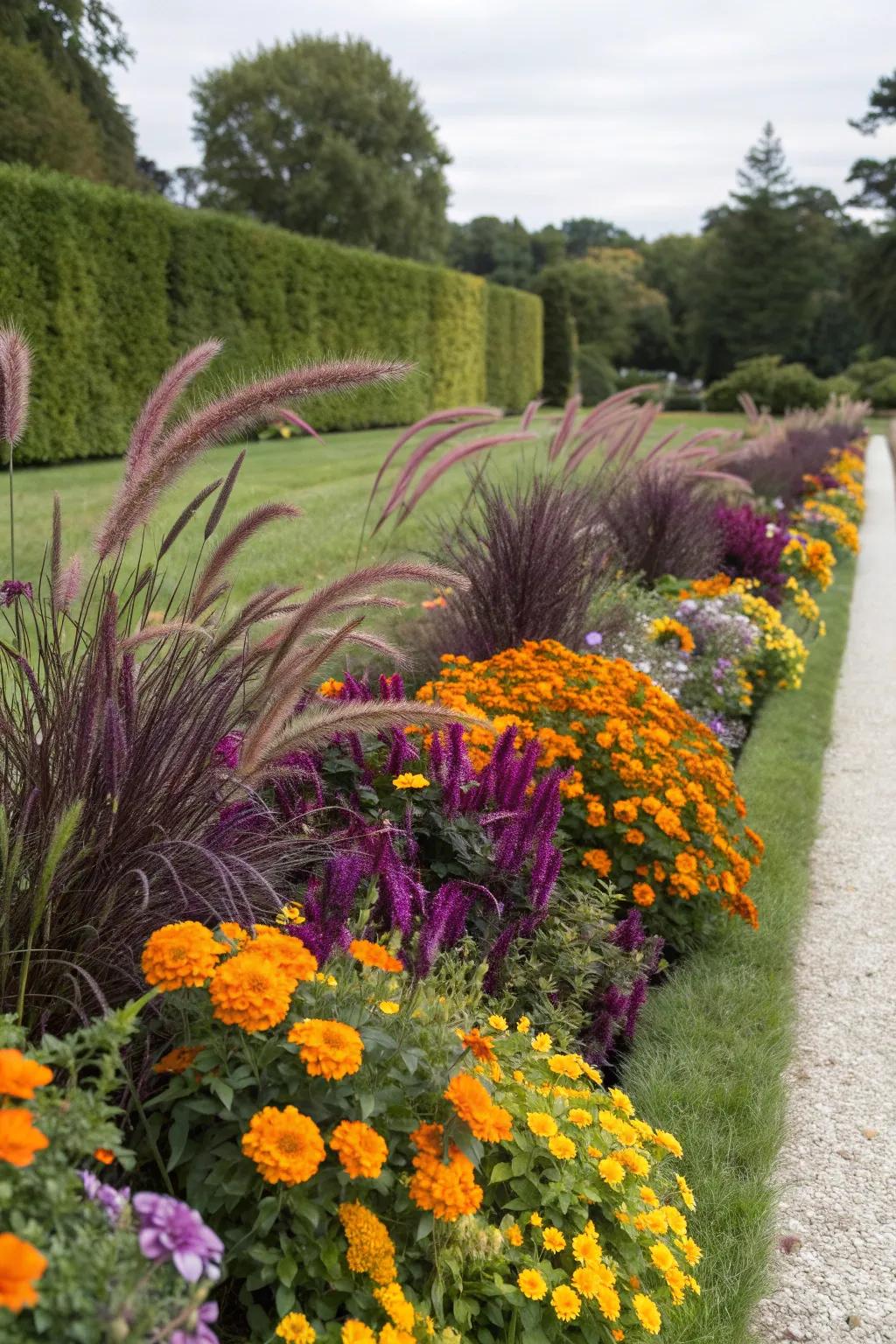 A dynamic garden border featuring purple fountain grass among vibrant blooms.