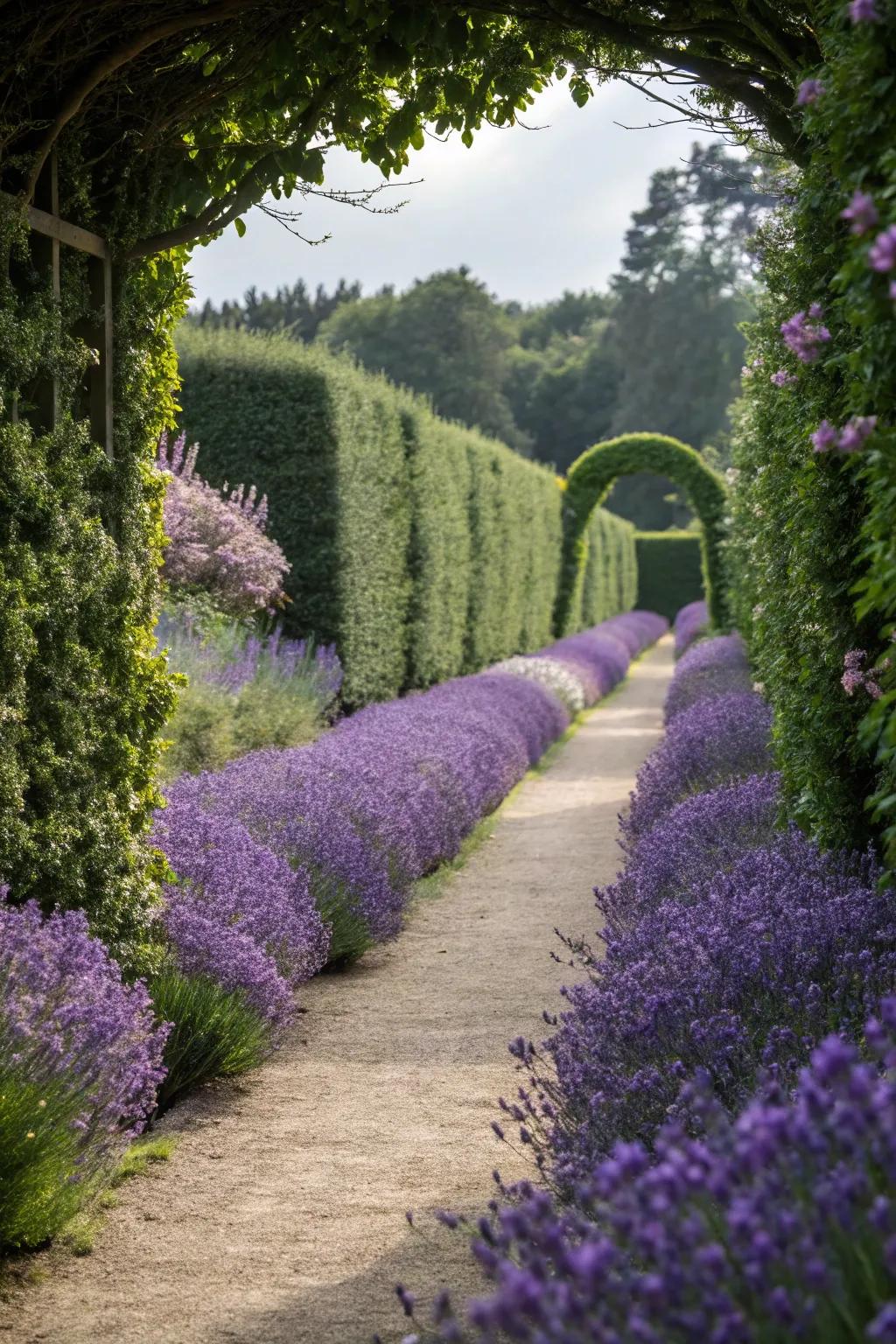 A serene garden path lined with fragrant lavender.
