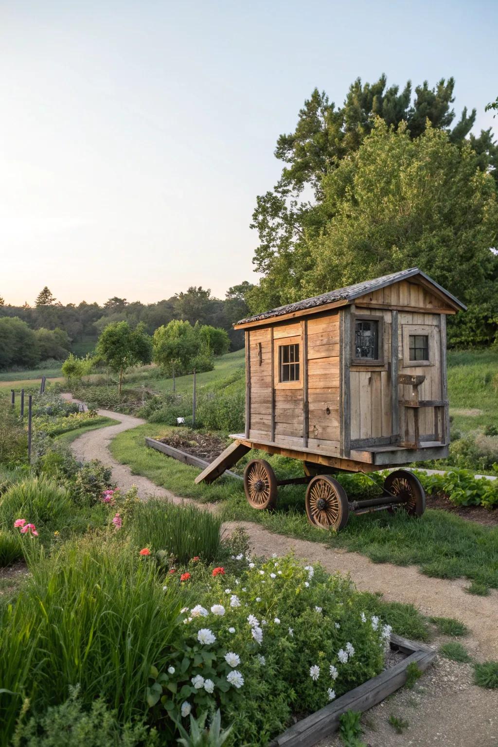 An elevated quail house on wheels, perfect for easy relocation.