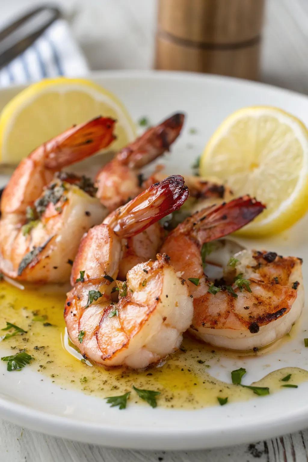 Delicious garlic butter grilled shrimp ready to serve.