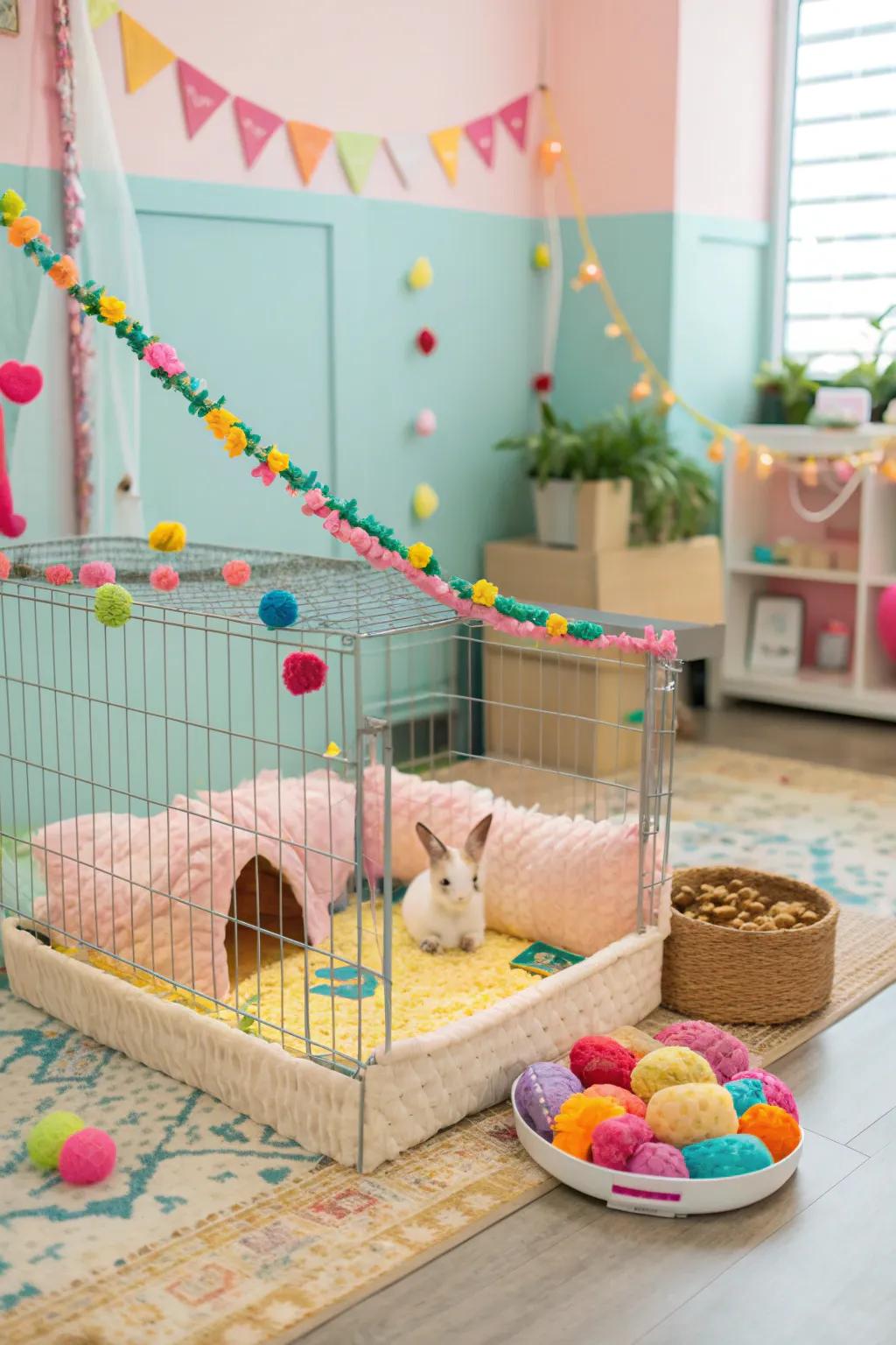 A colorful rabbit cage with decorative elements to brighten any room.