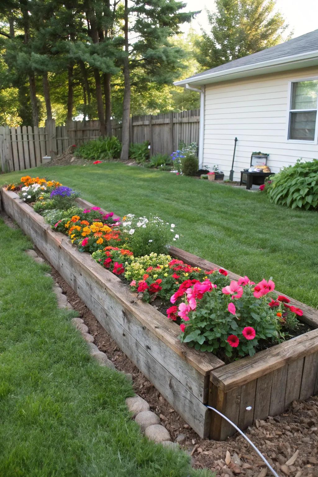 Elevated flower beds crafted with railroad ties for better drainage.