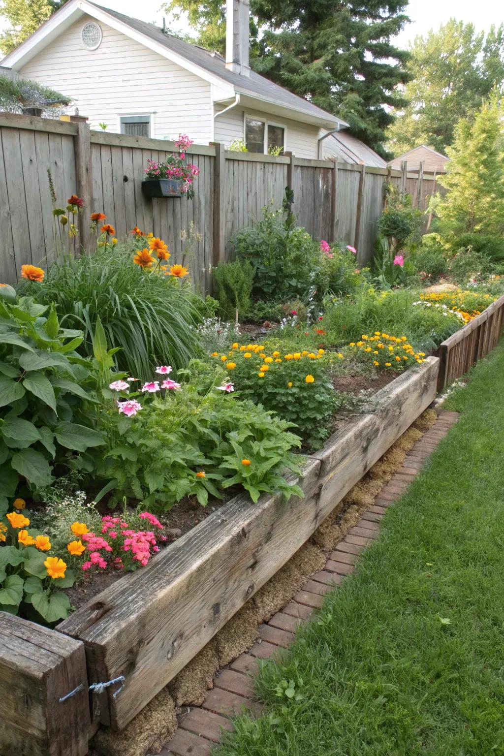 Define your garden beds with rustic railroad tie borders.