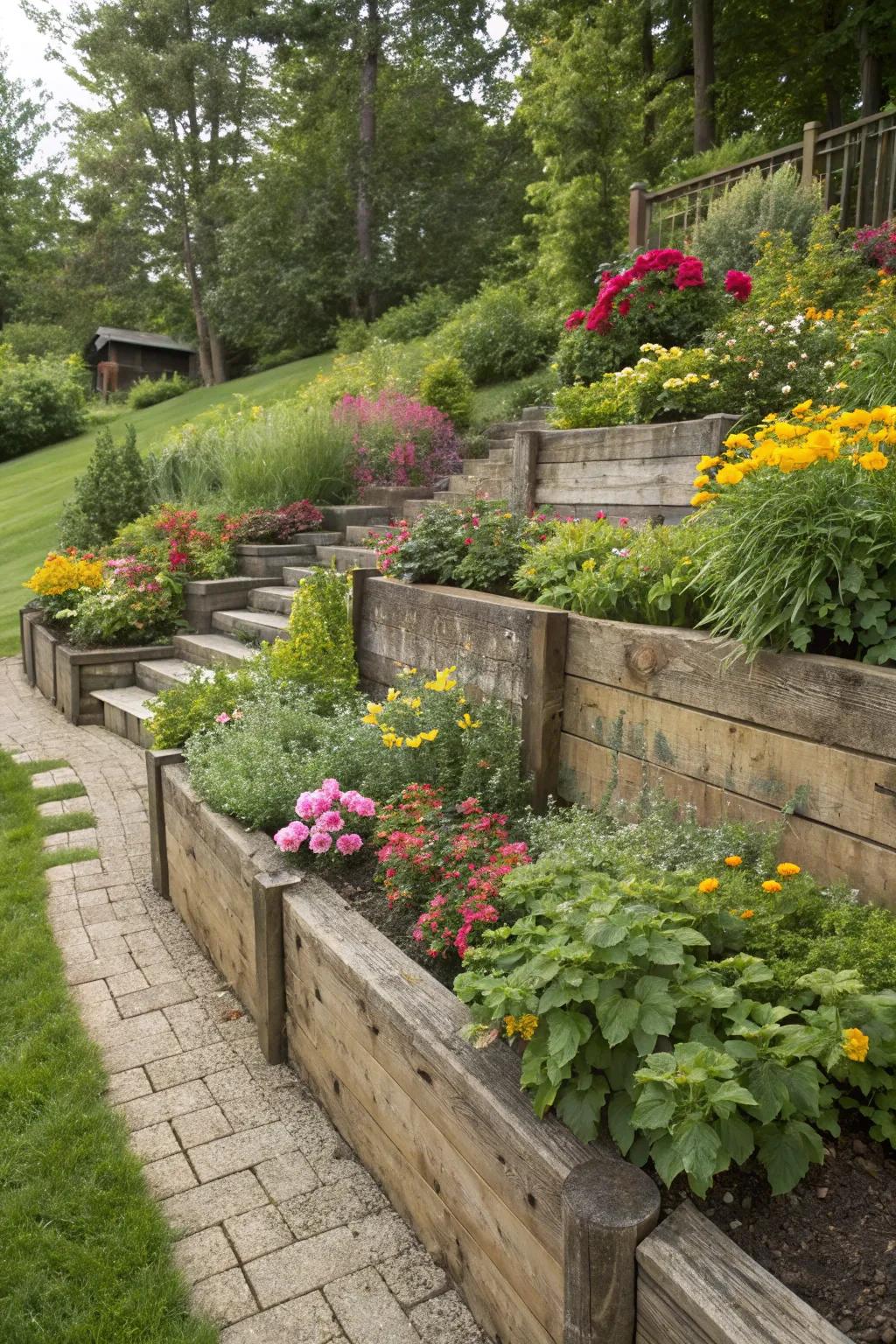 A tiered garden showcasing railroad tie retaining walls with vibrant flowers adding pops of color.