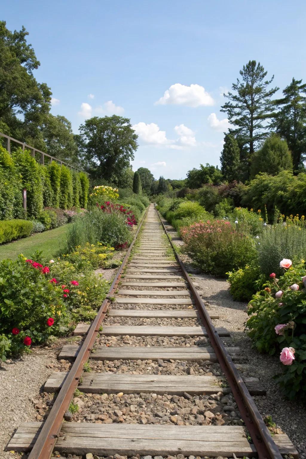 Railroad ties creating a crisp edge for a garden path.