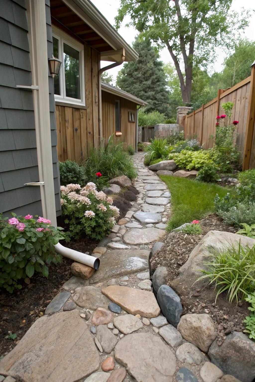 Guide rainwater with a charming rock and stone pathway.