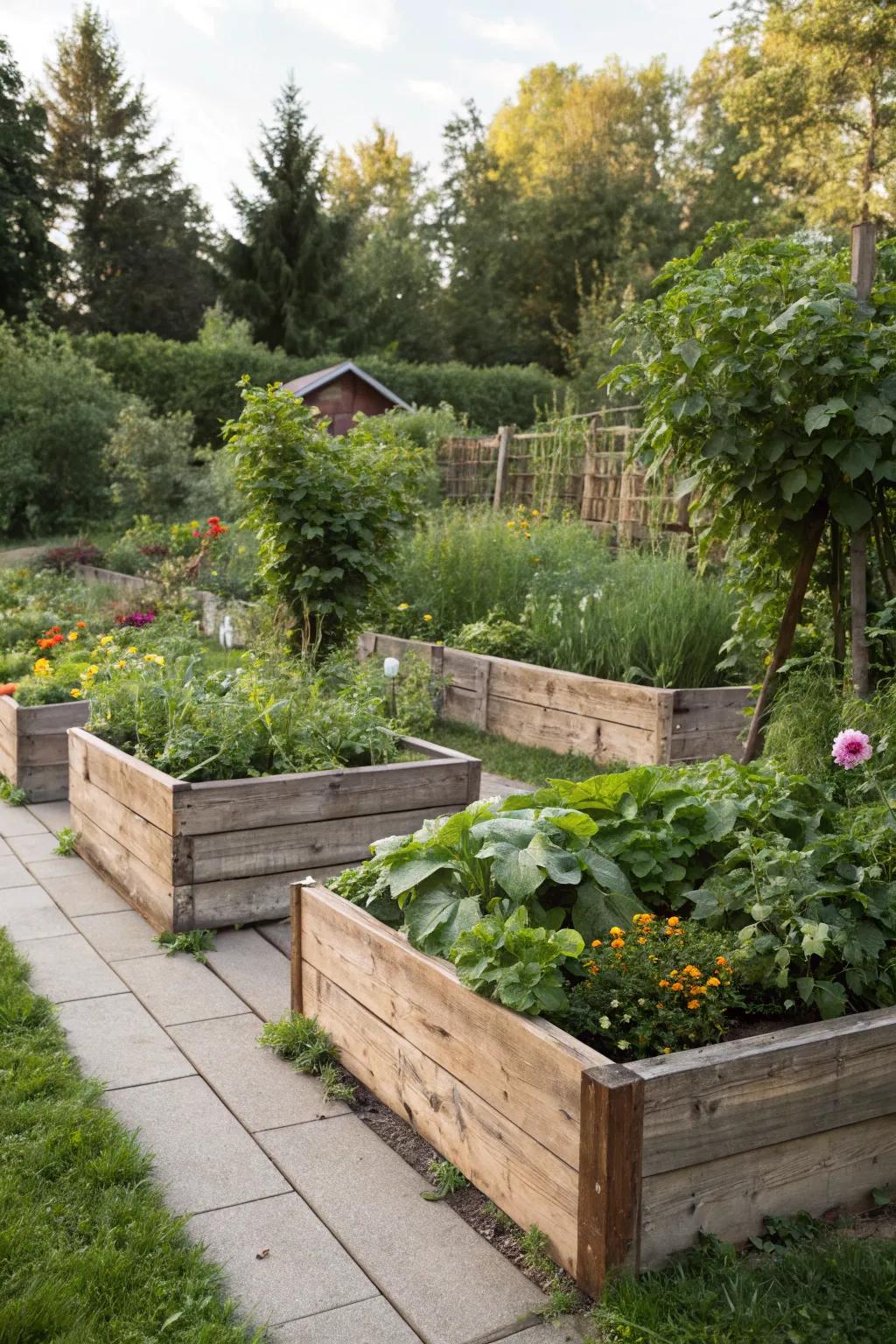 Rustic wooden planters bring warmth and charm to garden borders.