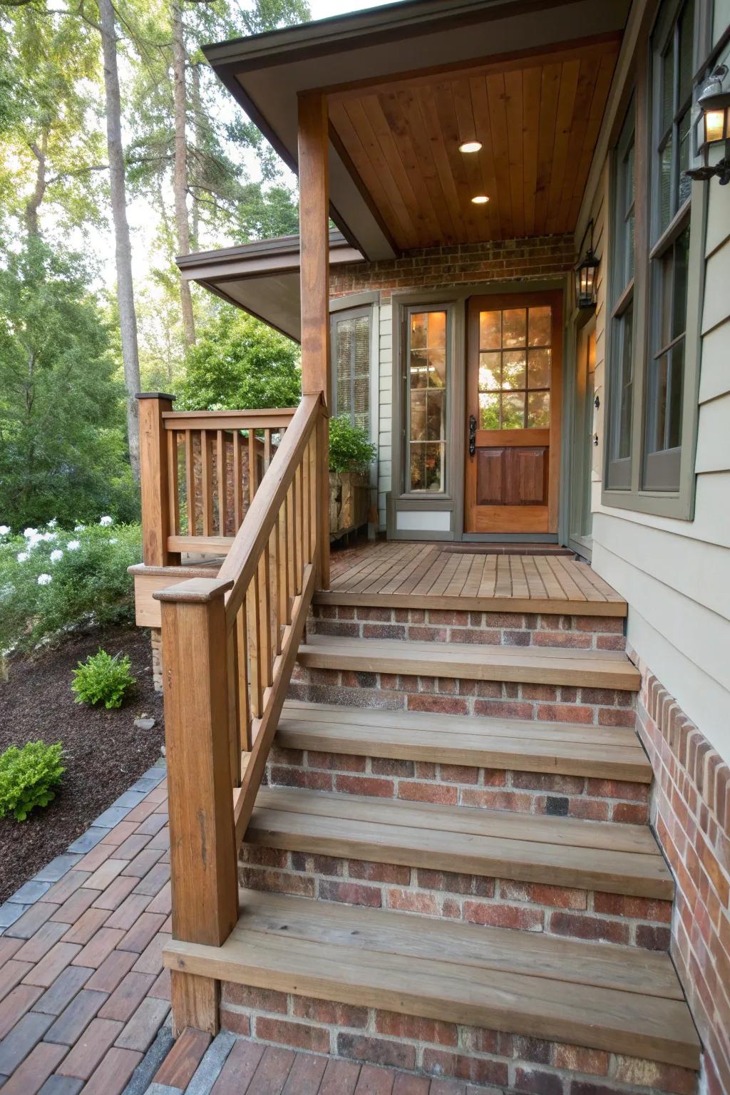A raised porch featuring mixed wood and brick stairs for a stylish entrance.