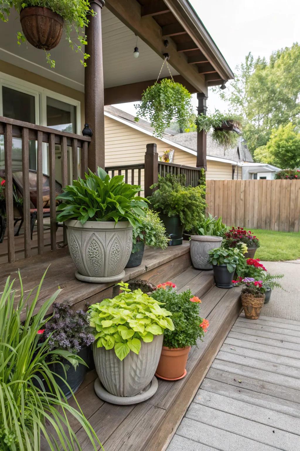 Various planters in different materials and sizes adding charm to a front porch.