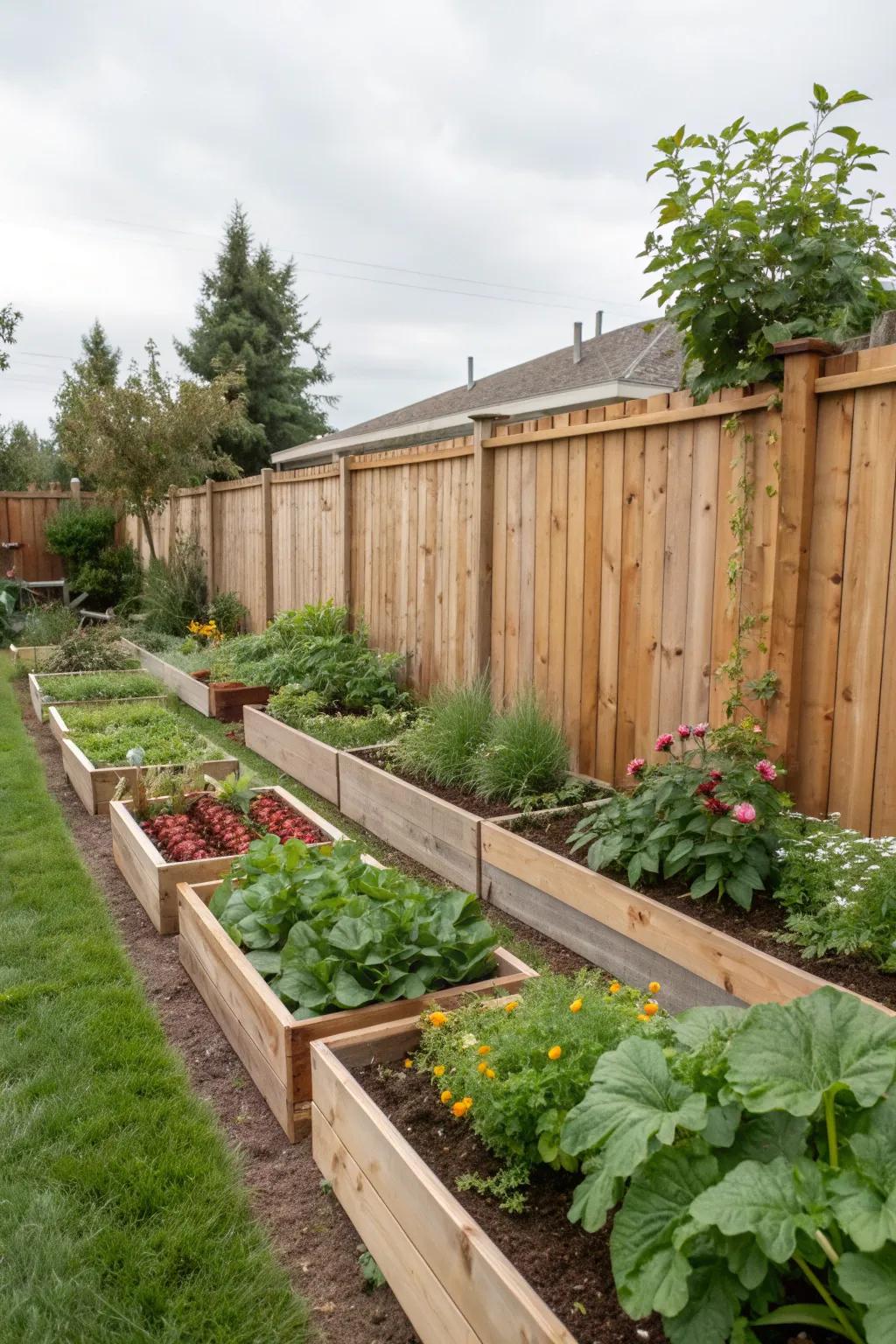 Linear raised garden beds create a clean and organized aesthetic.