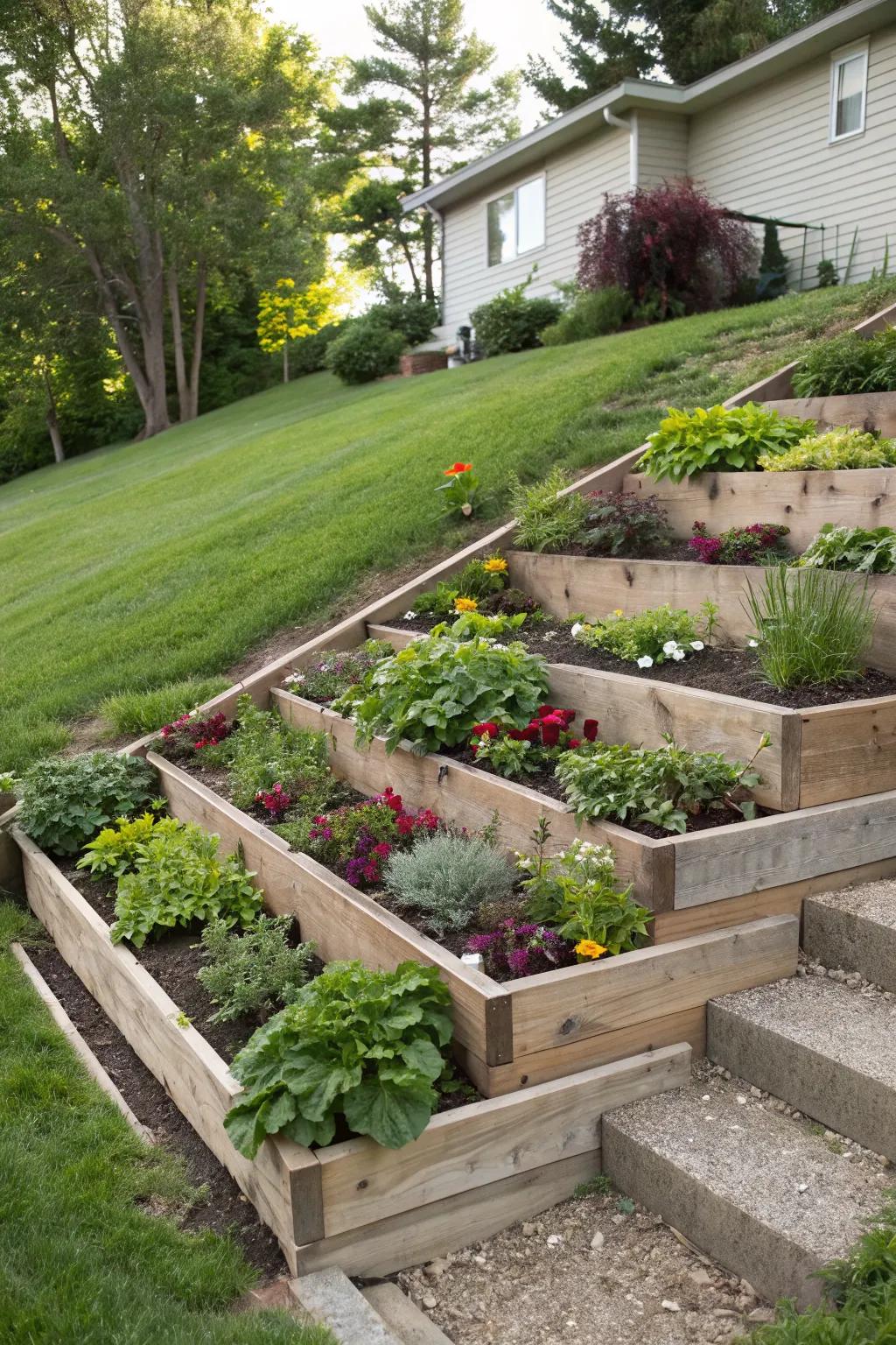 Tiered garden beds turn slopes into stunning, efficient planting spaces.