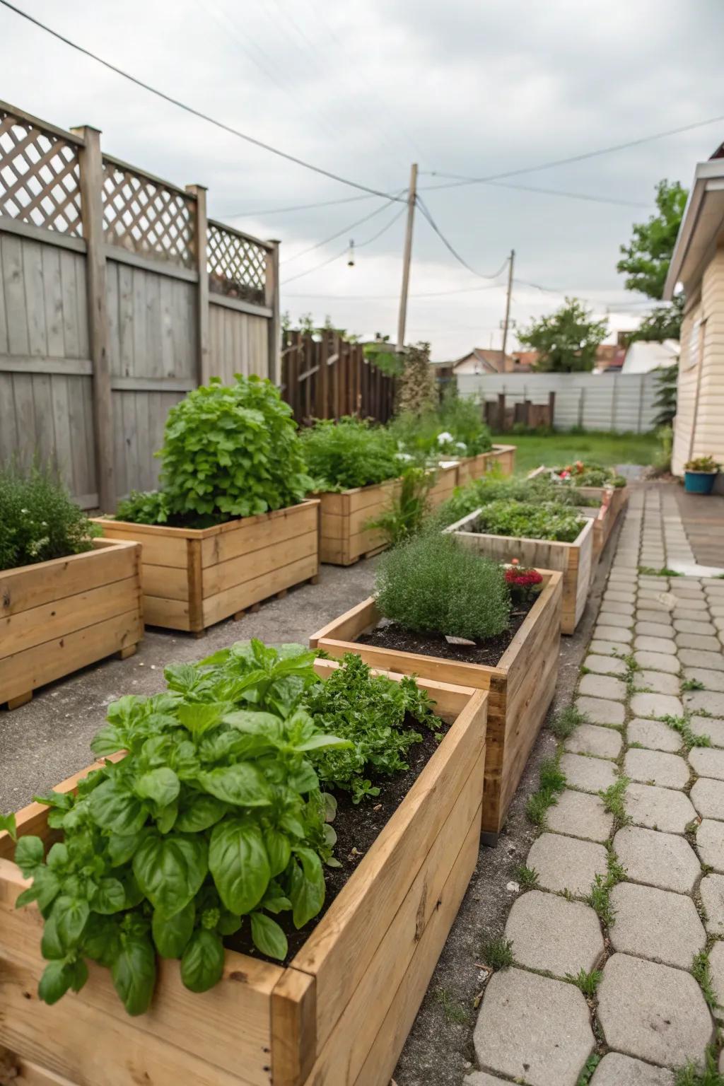 Simple wooden planters filled with fresh herbs in a cozy backyard.