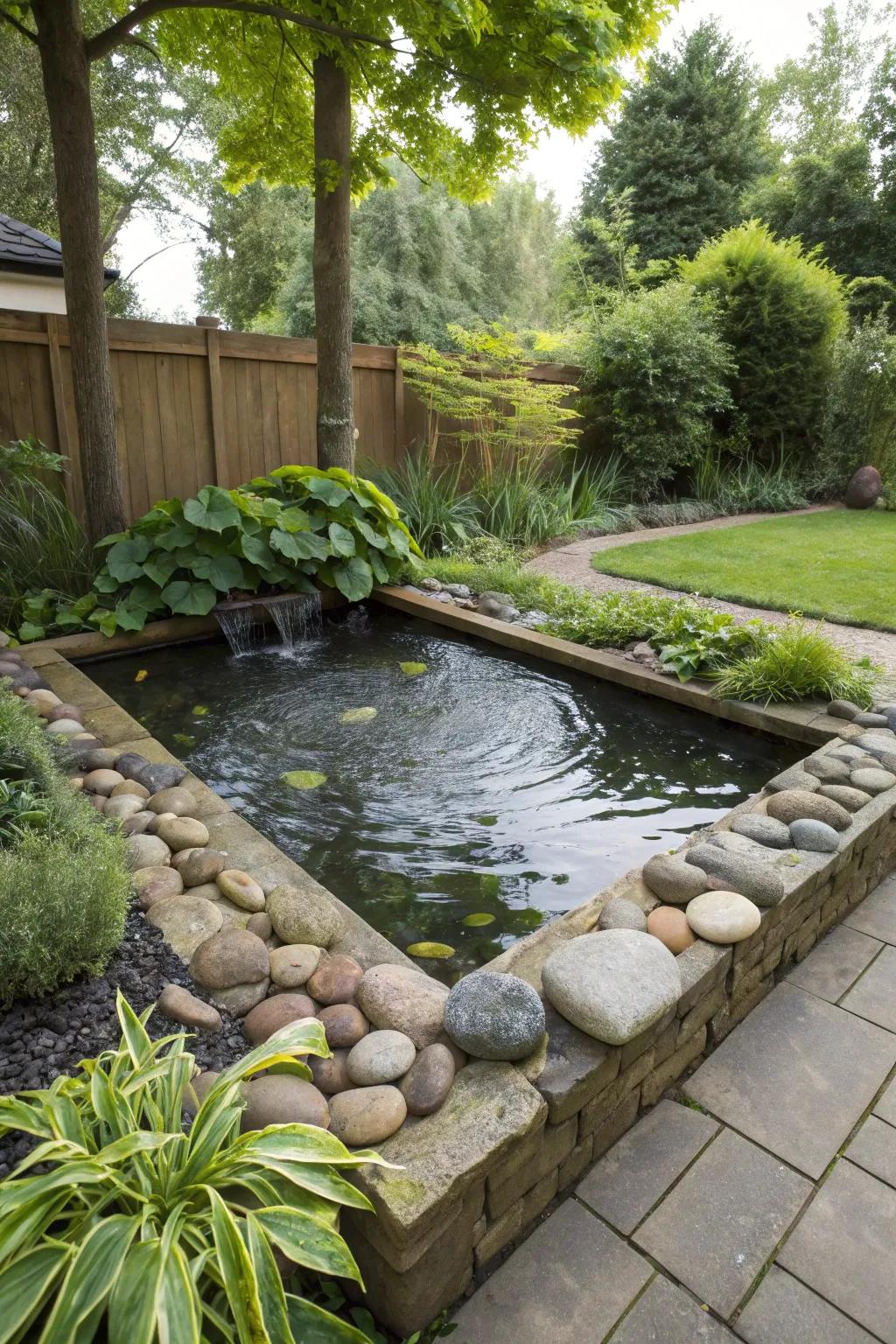 Natural stones add rustic charm to this raised pond, seamlessly blending with the garden.