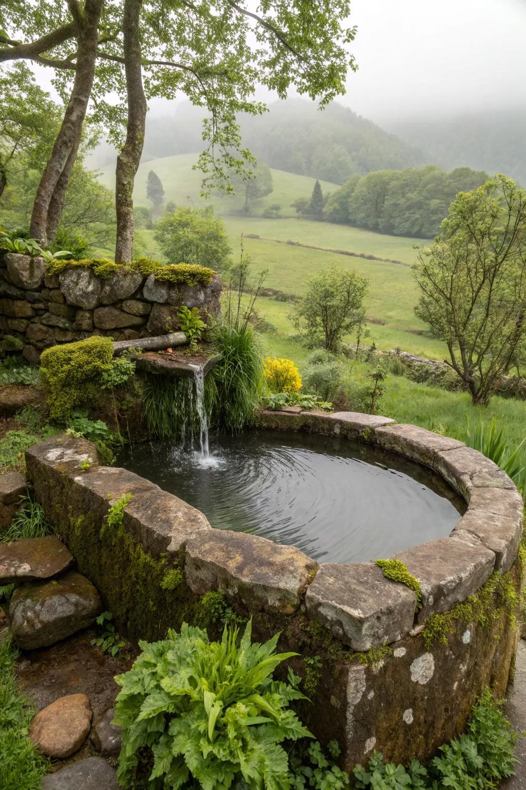 Natural stones frame a tranquil waterfall in this rustic pond design.