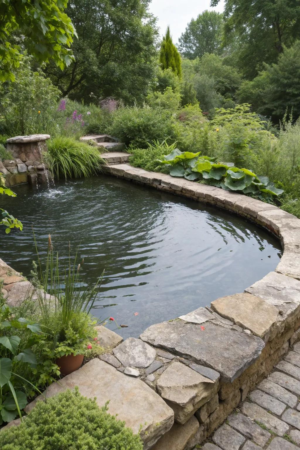 Natural stone steps up the rustic charm of this raised pond.