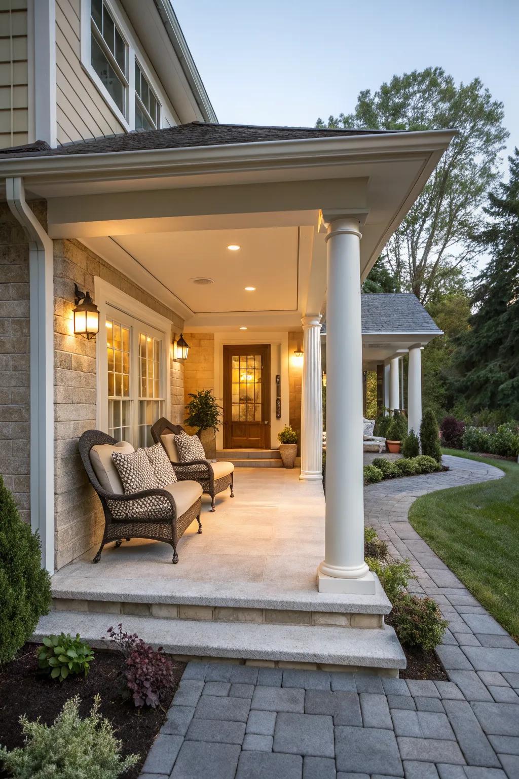 A cozy raised ranch covered porch with elegant columns and comfortable seating.