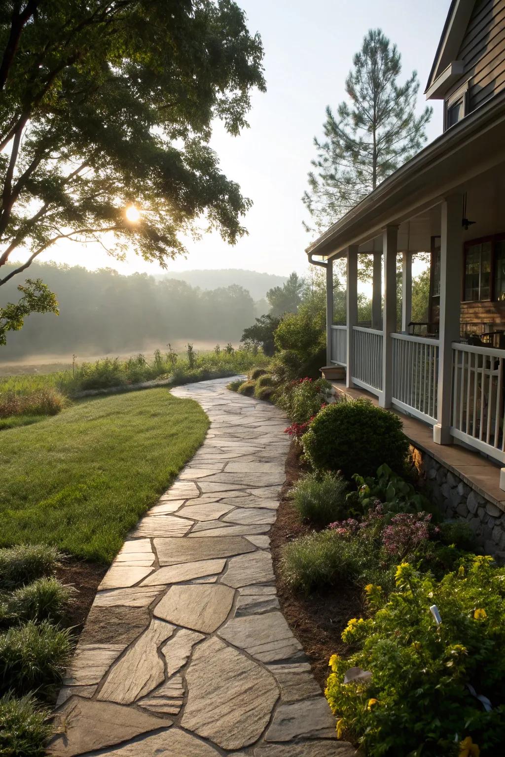 A stone pathway guides guests to the welcoming front porch.