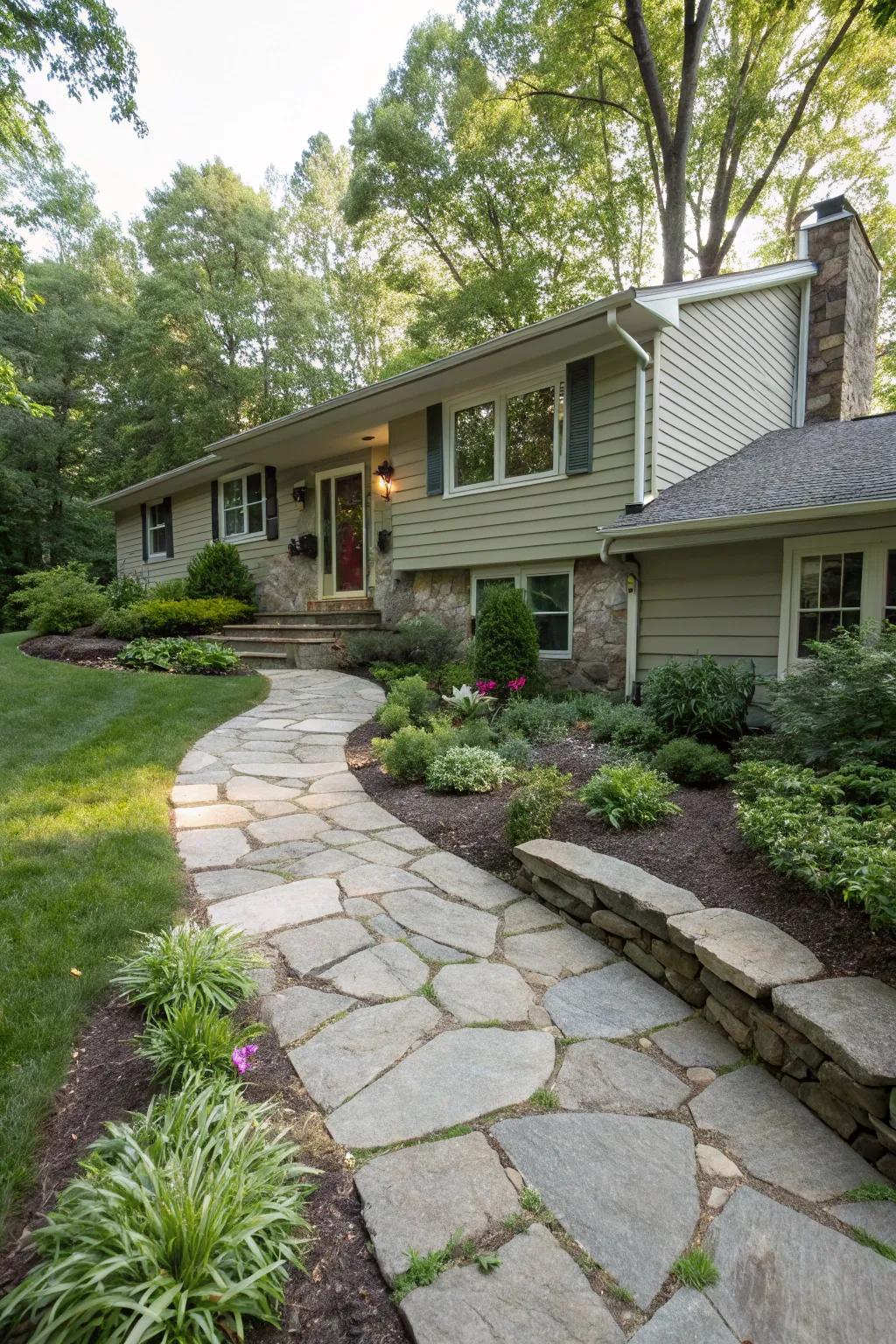 A stone walkway adds elegance and functionality to your home's entrance.