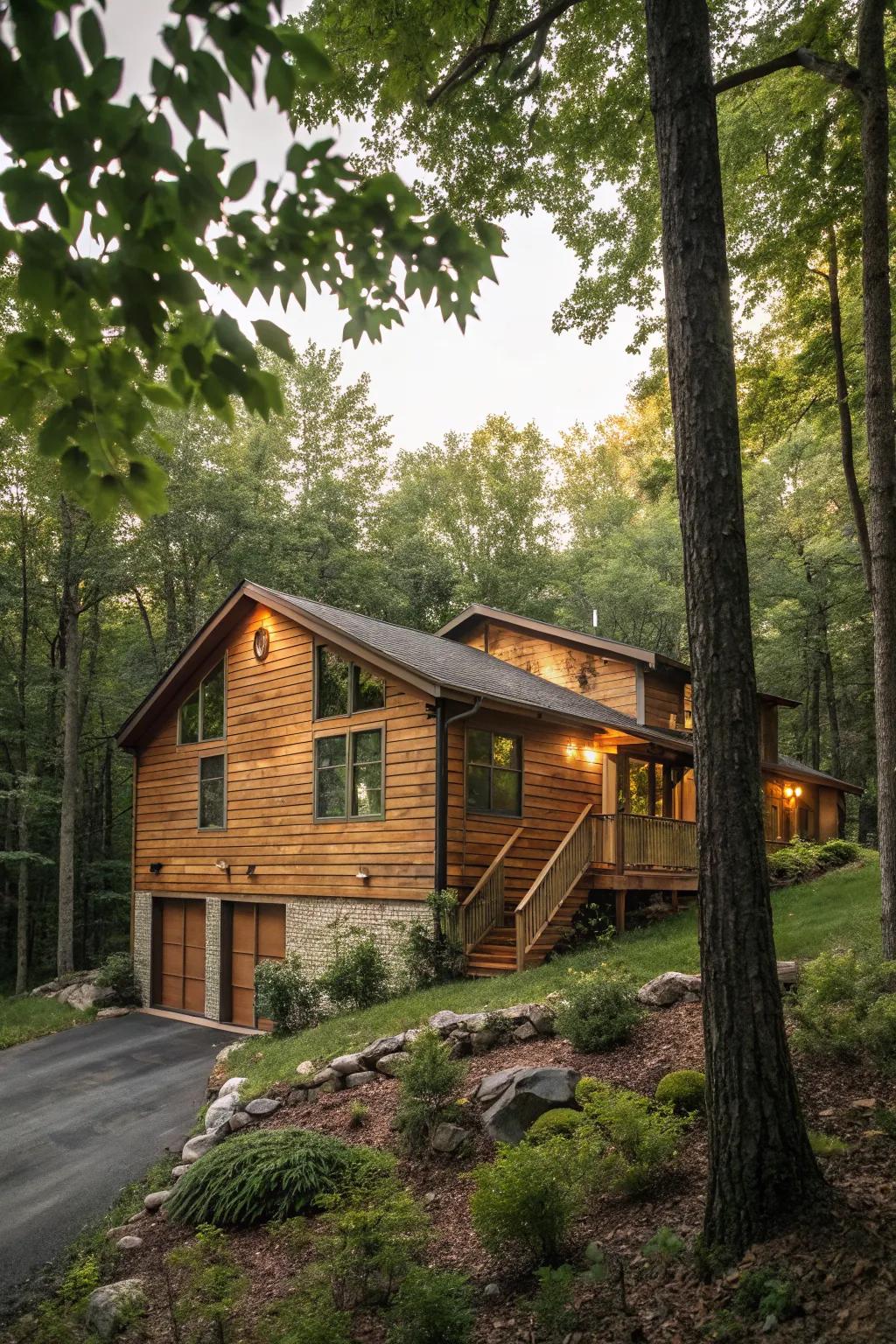 Wood siding adds warmth and a rustic touch to a raised ranch home.
