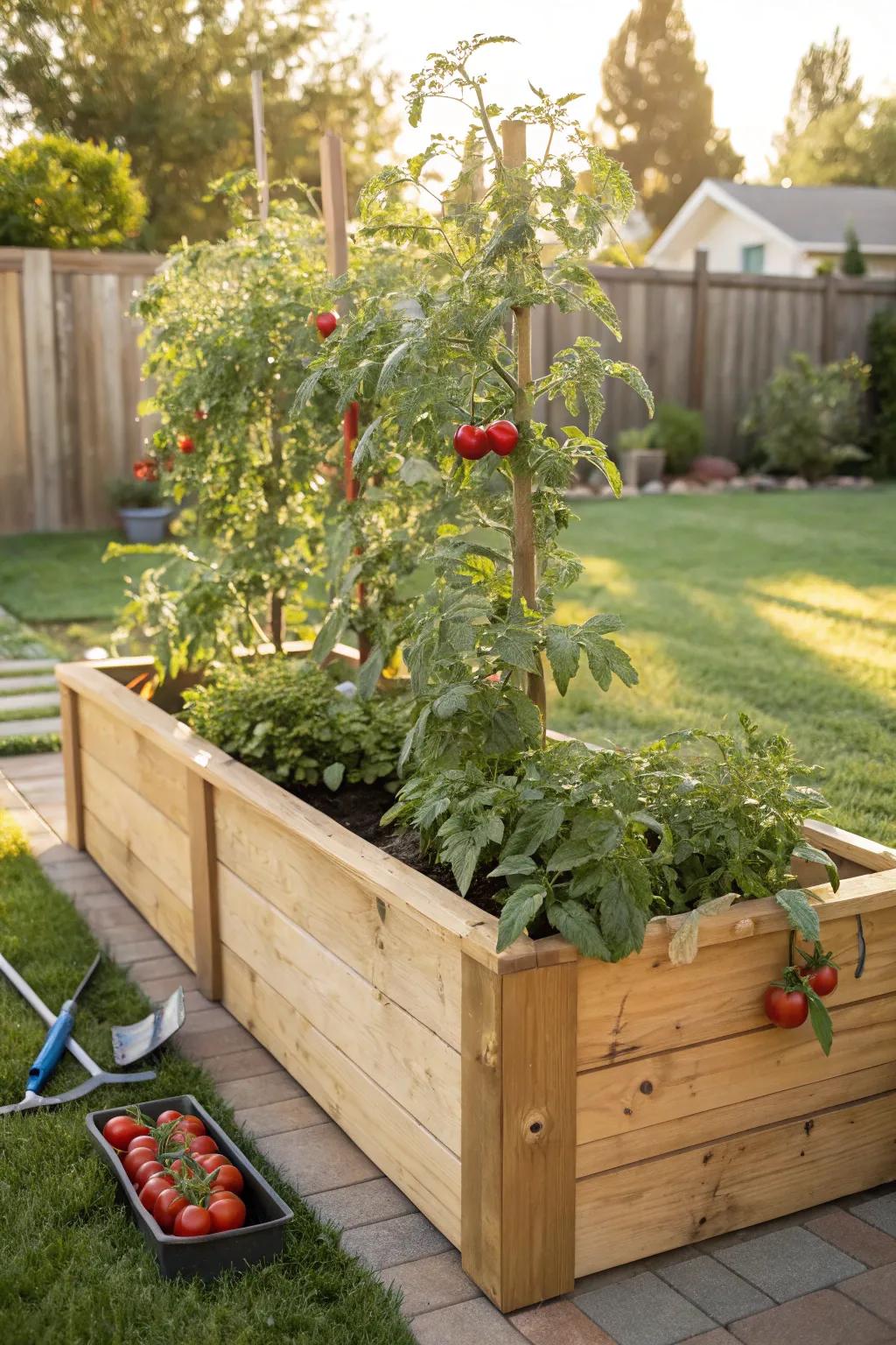 Wooden raised beds offer a traditional and effective way to grow tomatoes.