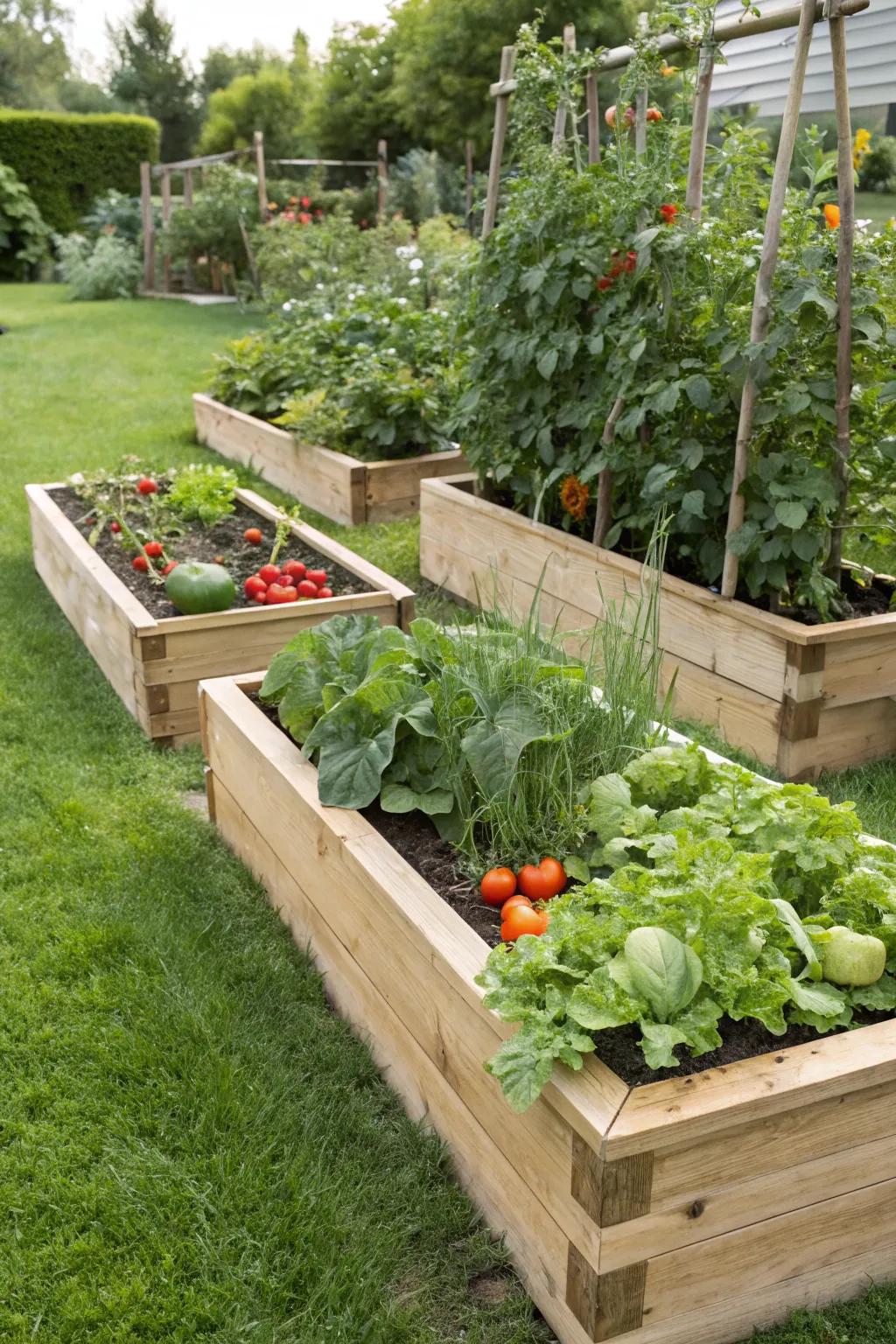 Classic wooden raised garden beds filled with thriving vegetables.
