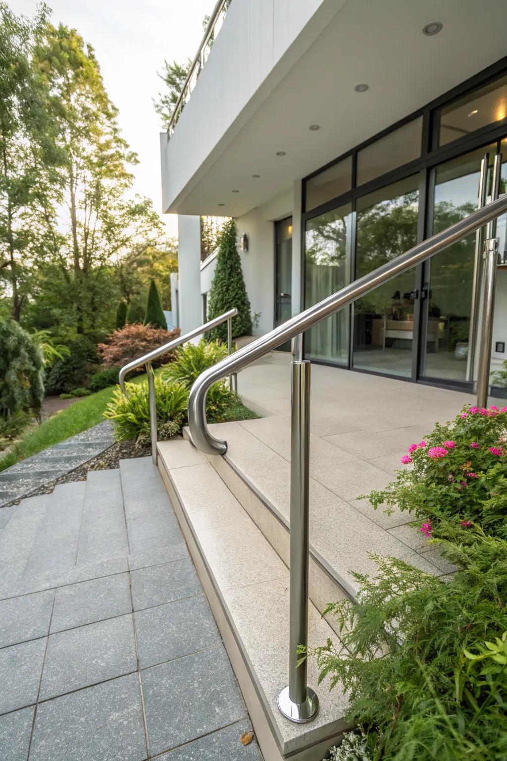 Stainless steel handrails provide a sleek and modern touch.
