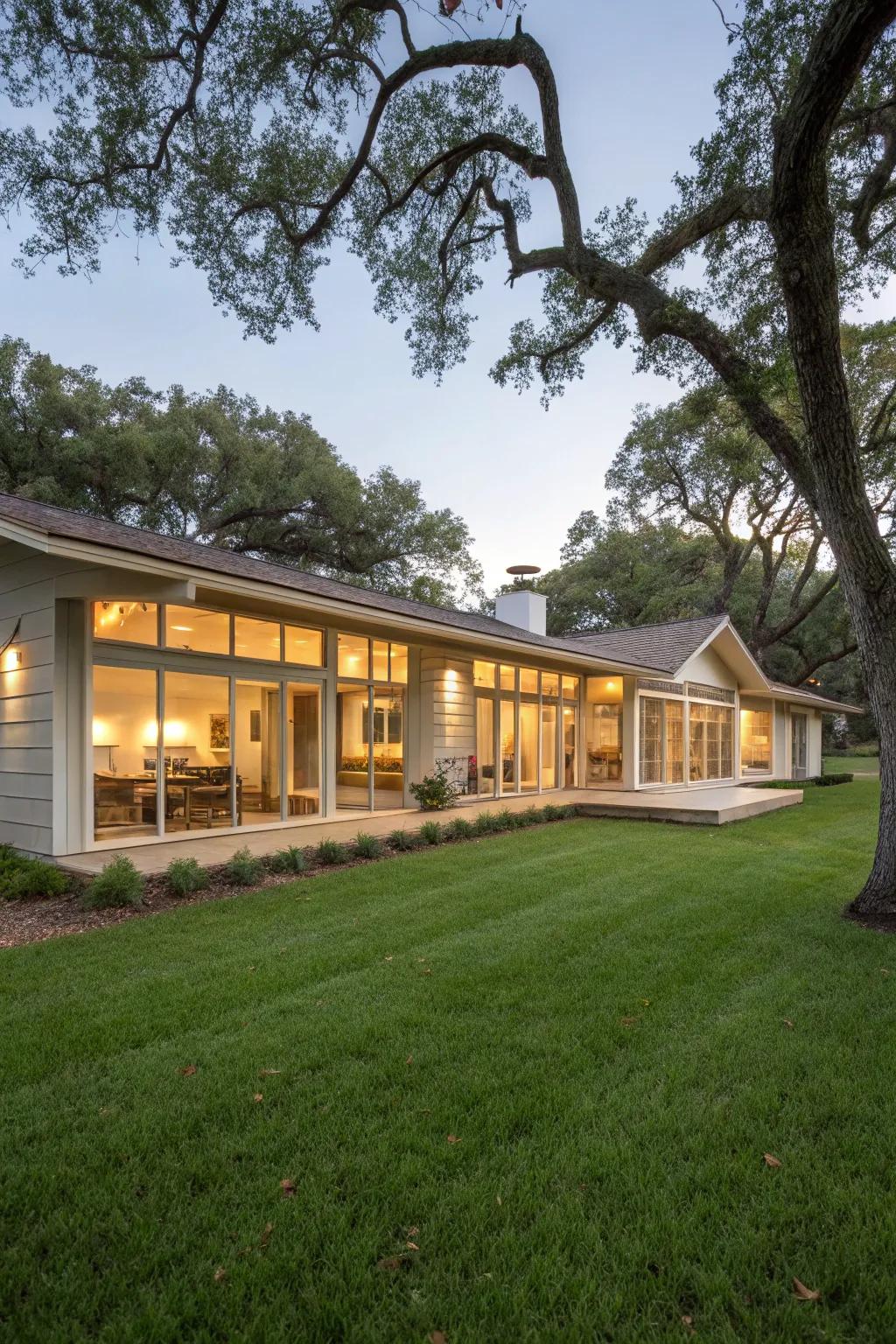 A single-story ranch house with an expansive, open layout.