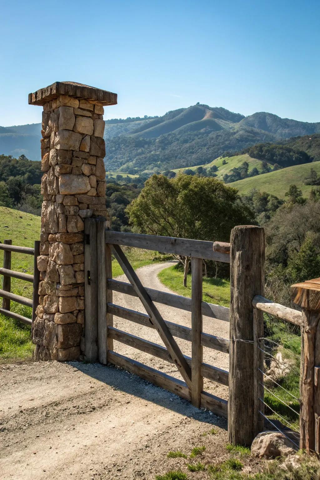 A rustic ranch gate crafted from wood and stone.