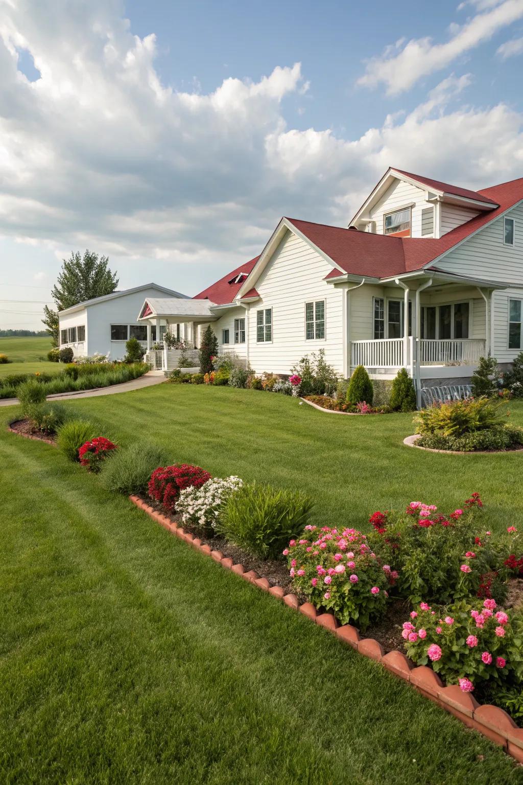 A lush green lawn is the centerpiece of a ranch home landscape.