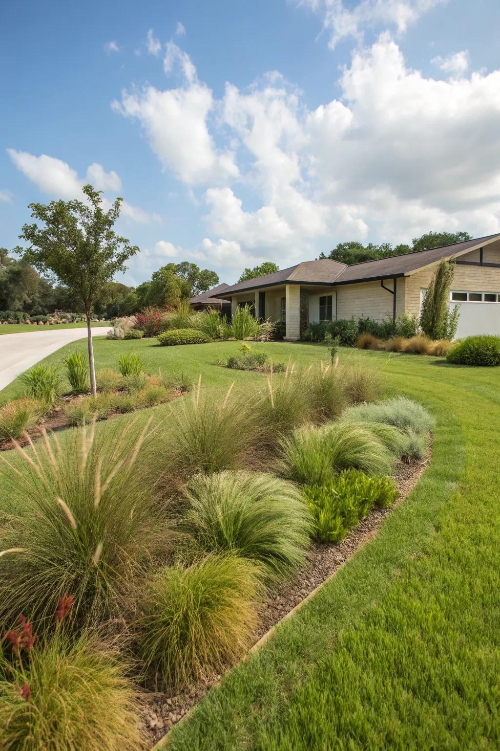 A lush green lawn perfectly complements the ranch house aesthetic.