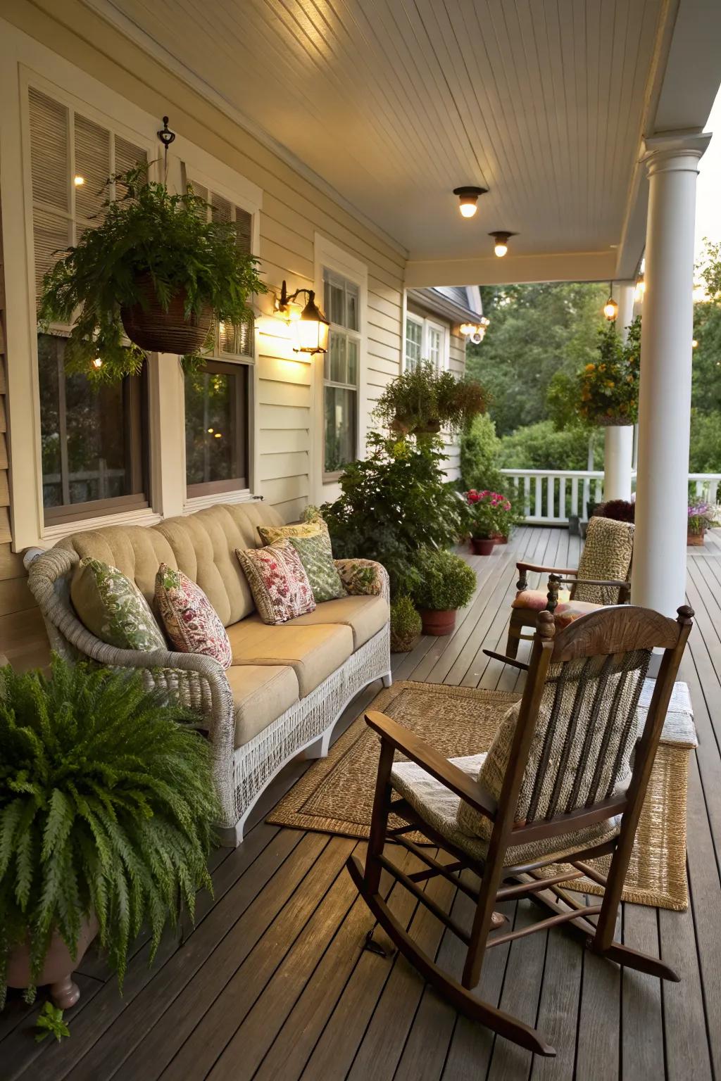 A cozy seating area with a sofa and rocking chairs on a ranch porch.