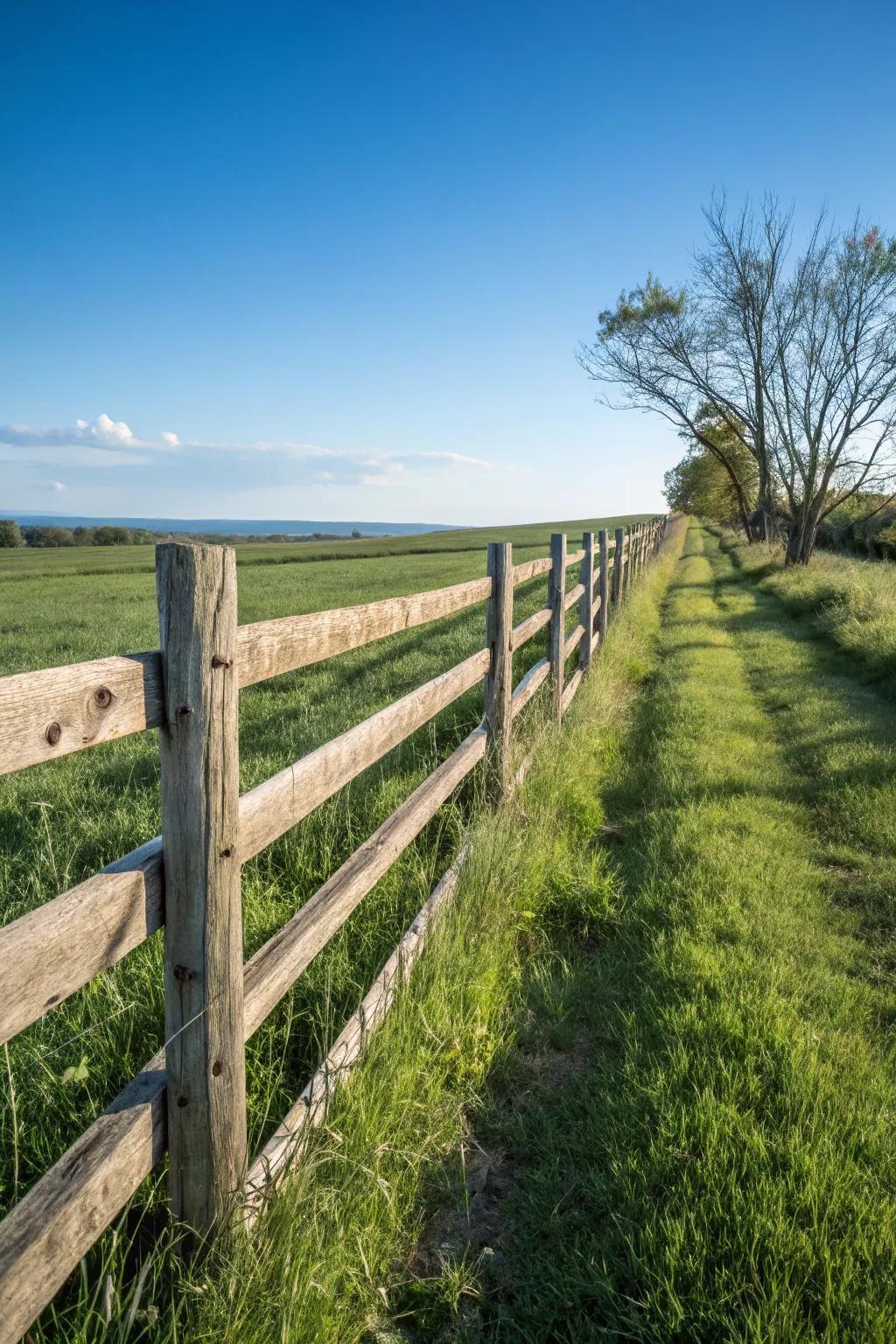 A wooden post-and-rail fence defines a lush pasture.
