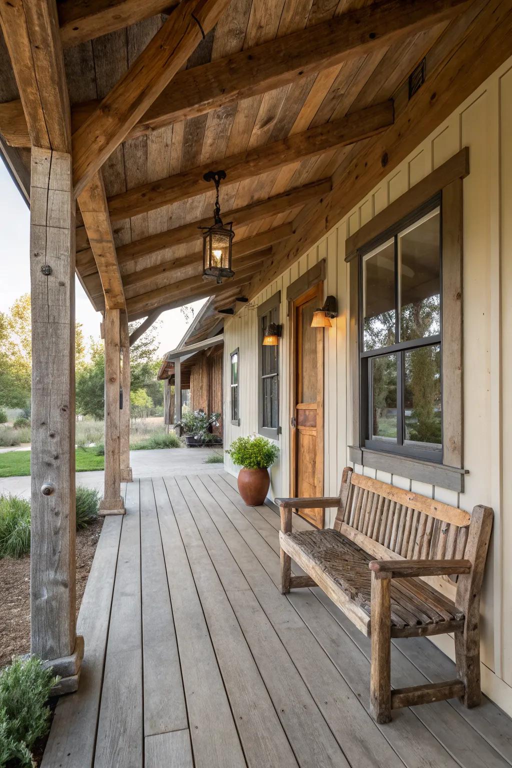 A ranch porch featuring beautiful reclaimed wood accents.