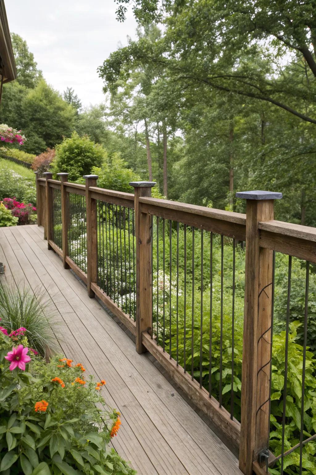 A beautiful fusion of wood and rebar creates a harmonious deck railing design.