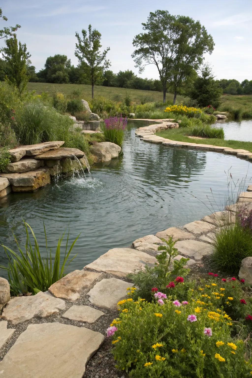 A recreational pond with natural stone landscaping, blending into the surrounding garden.