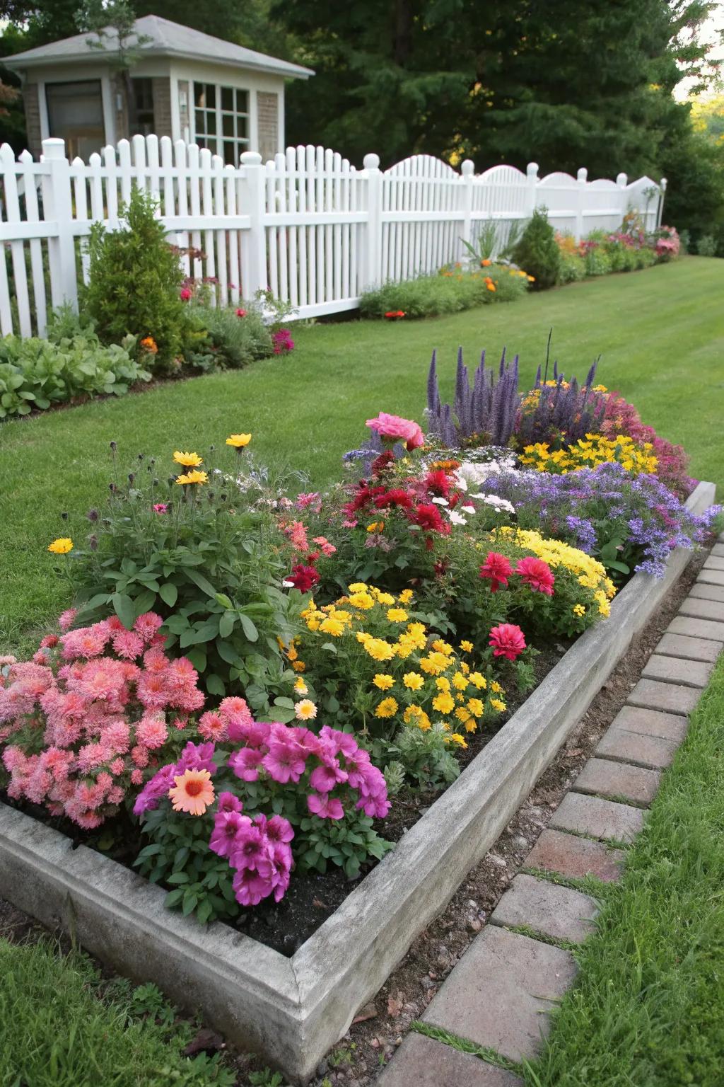 An eye-catching mosaic of colors in a rectangular flower bed, showcasing diverse floral varieties.