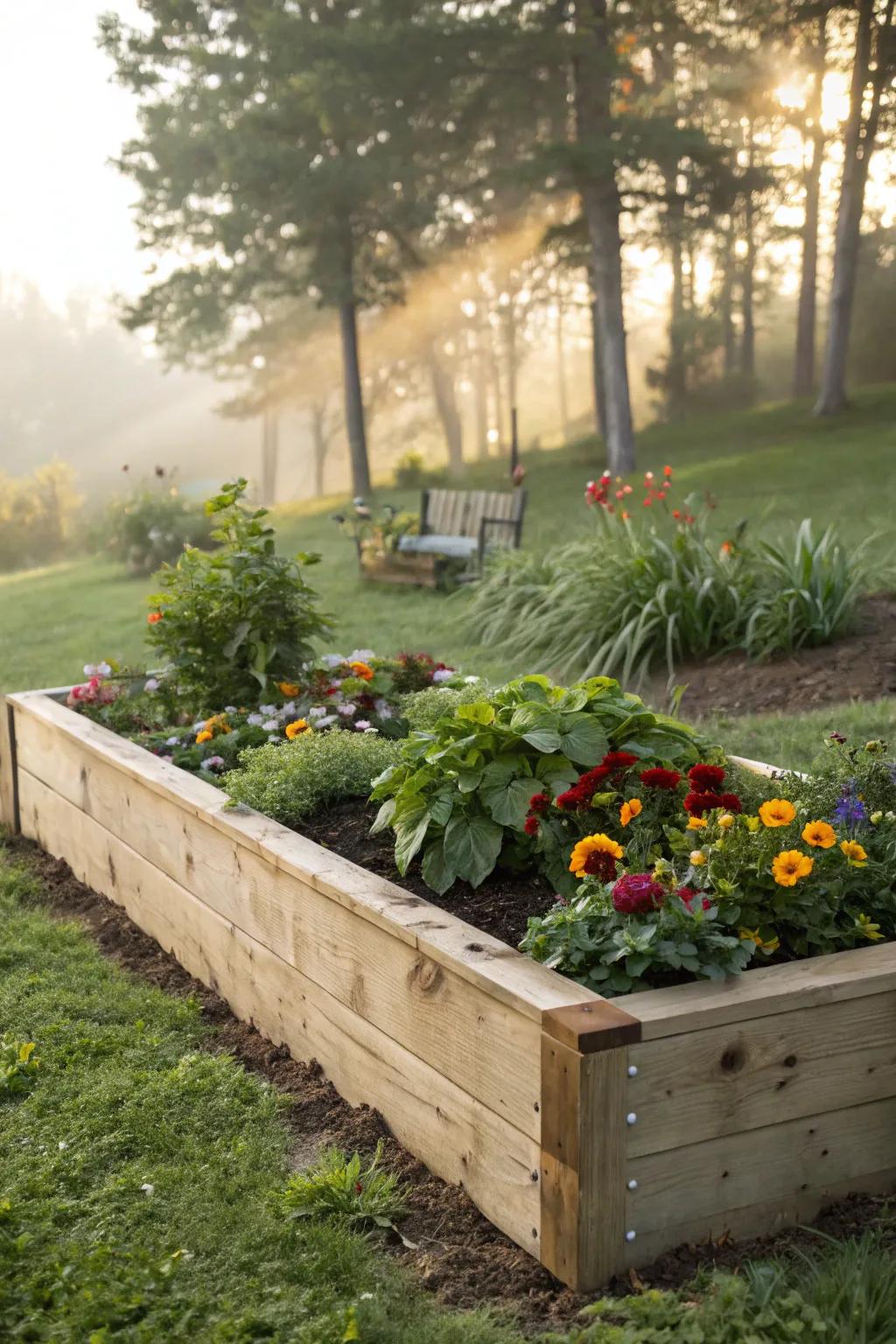 A charming raised wooden flower bed with a vibrant mix of flowers.
