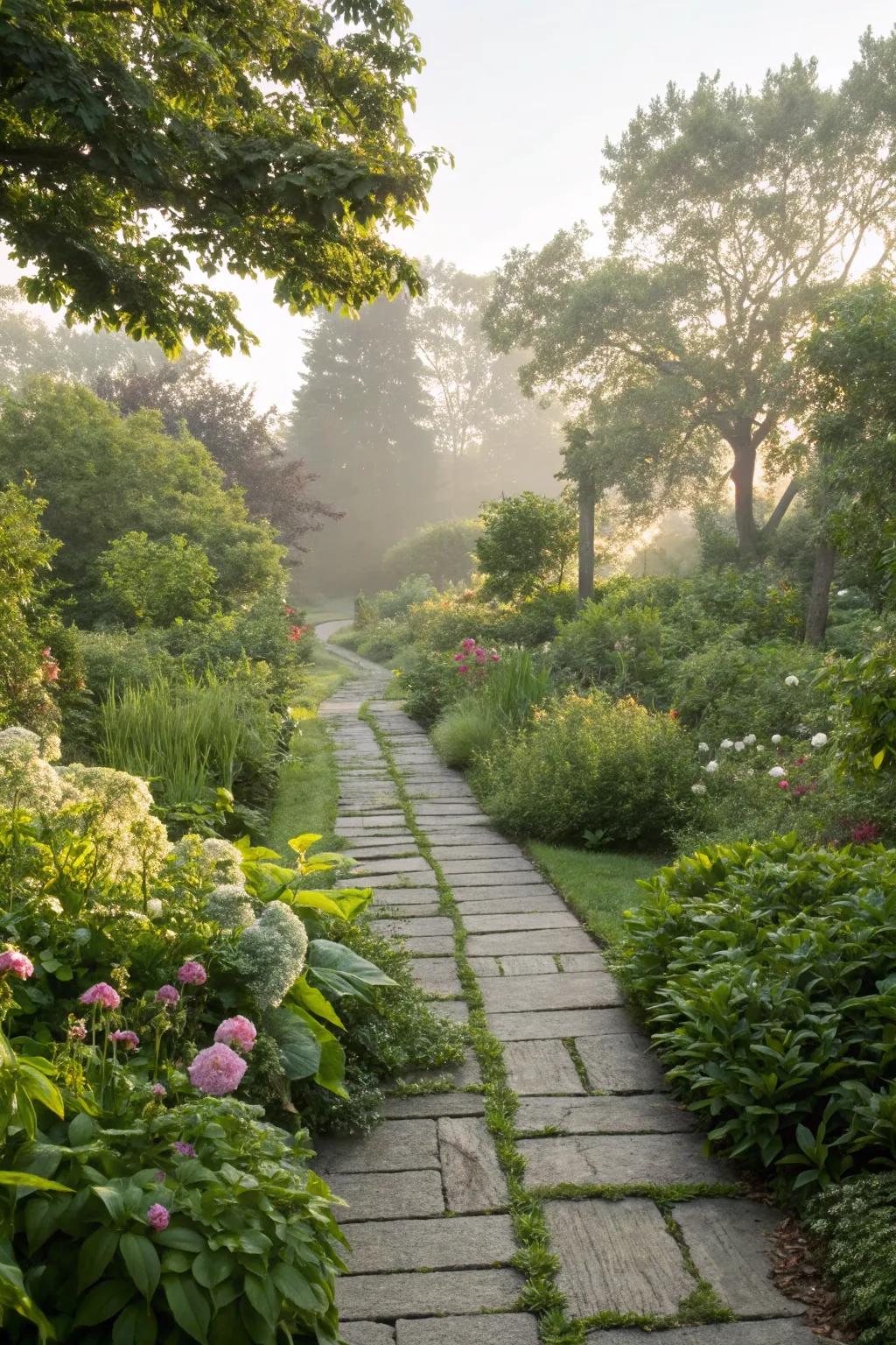 A stone pathway defines and beautifies this rectangular garden
