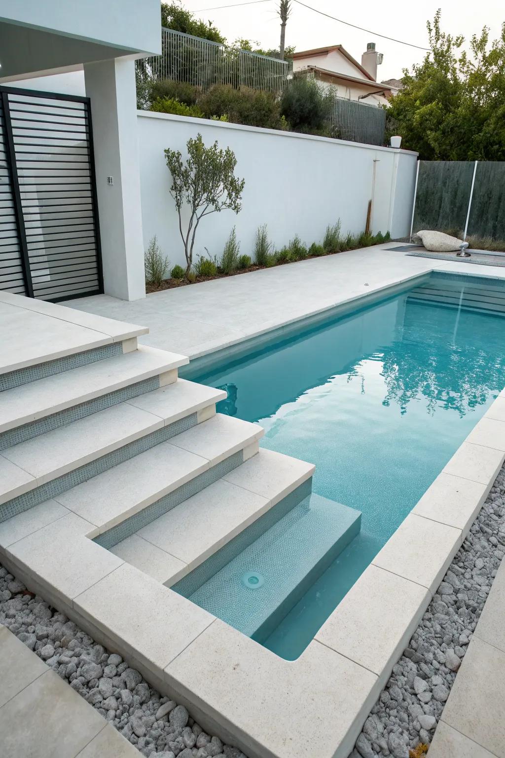 A modern rectangular pool with vinyl-covered steps and a minimalistic design