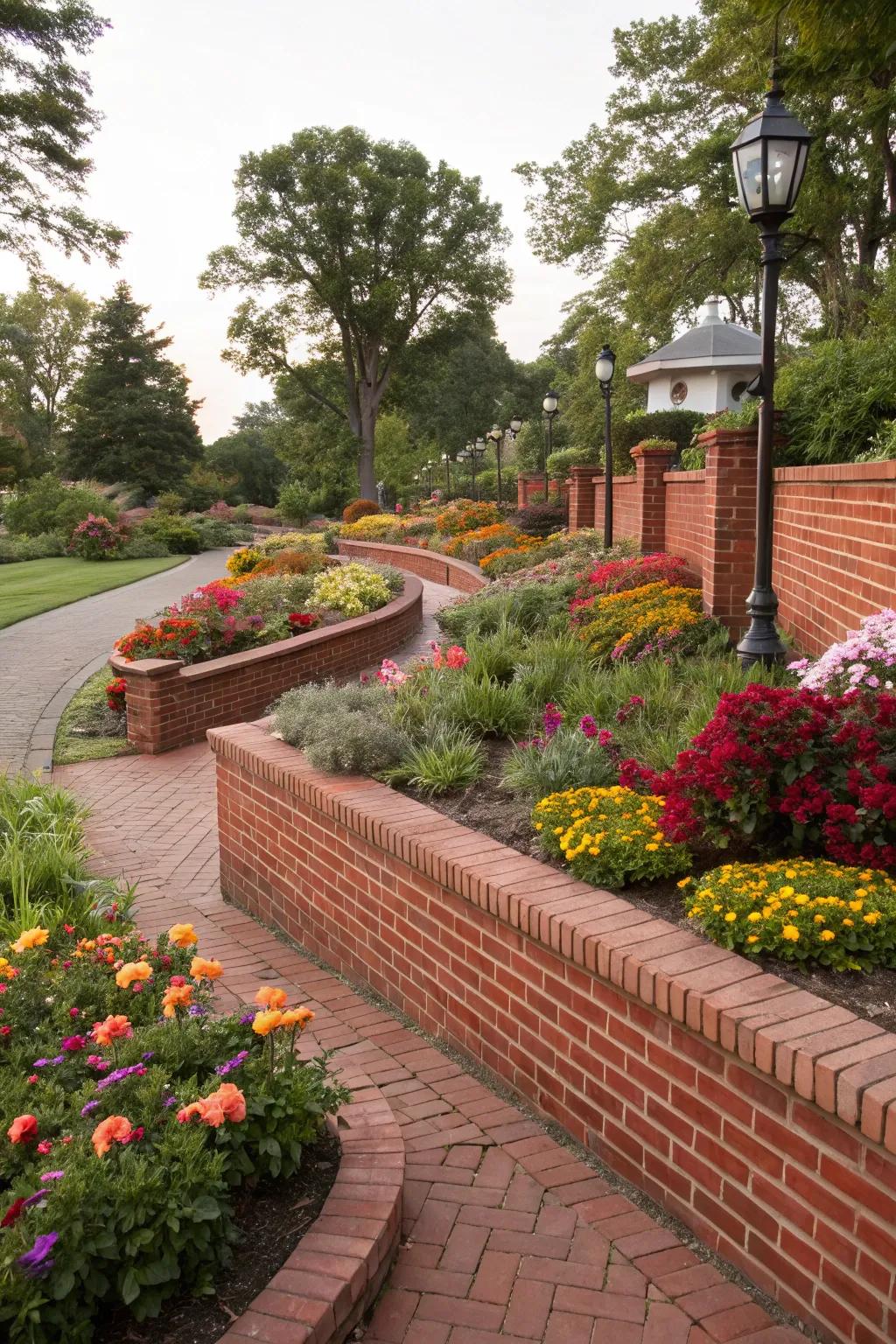 Red brick borders enhancing the charm of a garden.