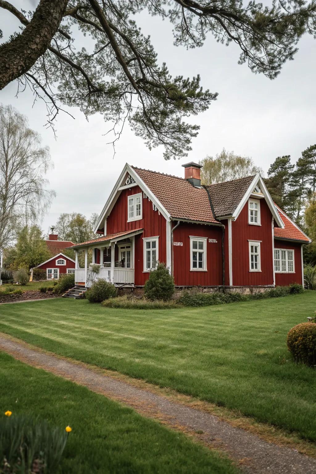 Timeless elegance with a red house and white trim.