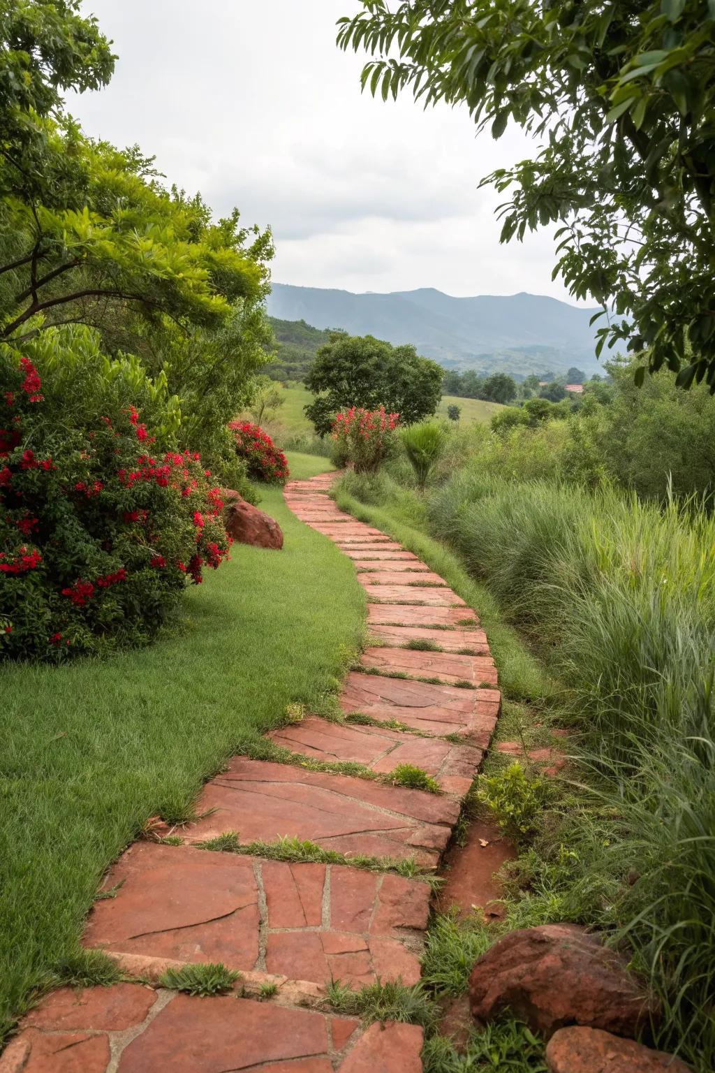 A charming red rock pathway invites exploration through the garden.