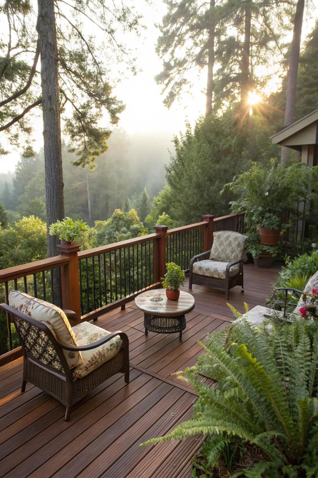 Relax in a cozy seating area on your redwood deck.