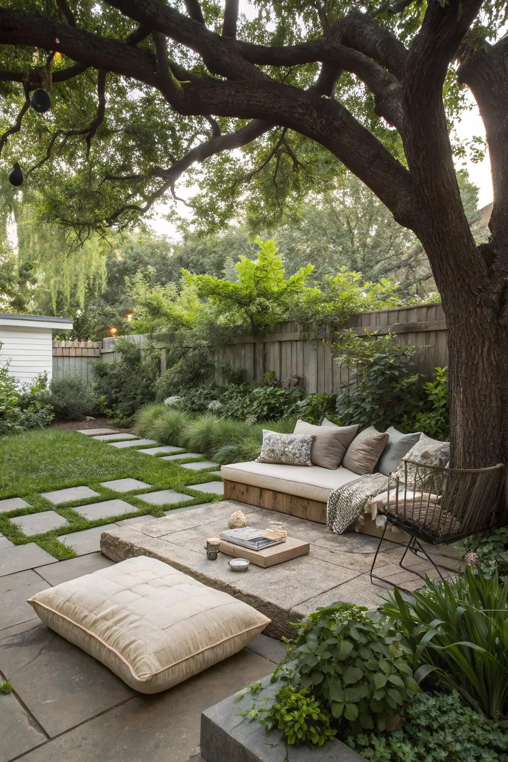 A cozy seating nook invites relaxation and solitude.
