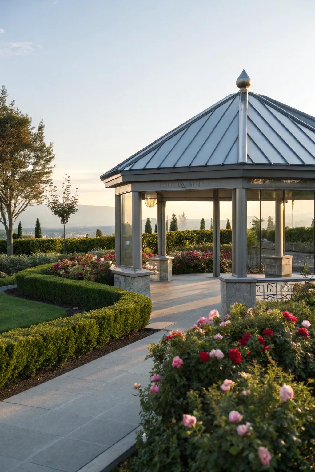 Metal roofing panels offer a modern, durable touch to your gazebo.