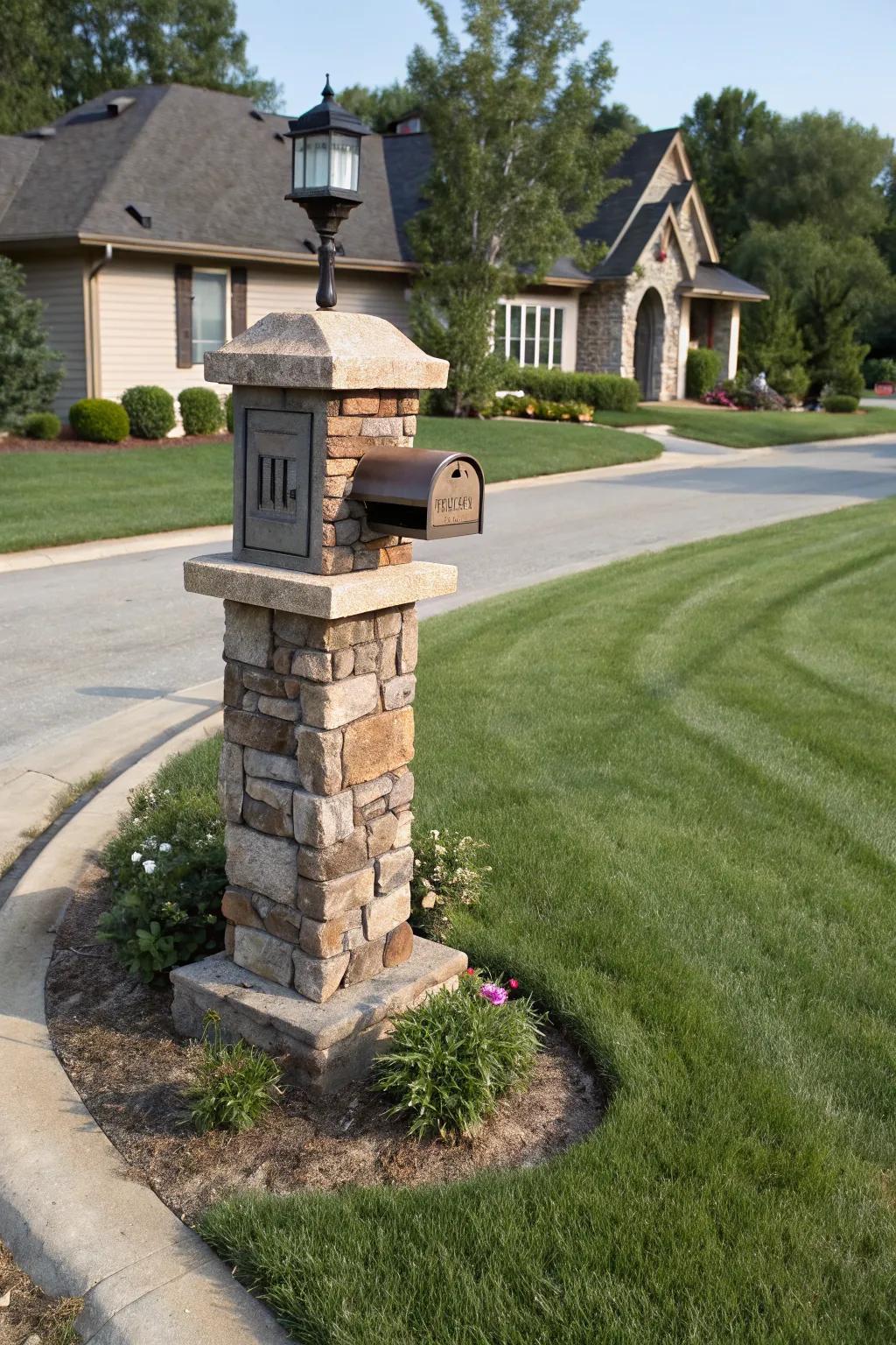 A classic stone pillar mailbox stands proudly in a tidy front yard.