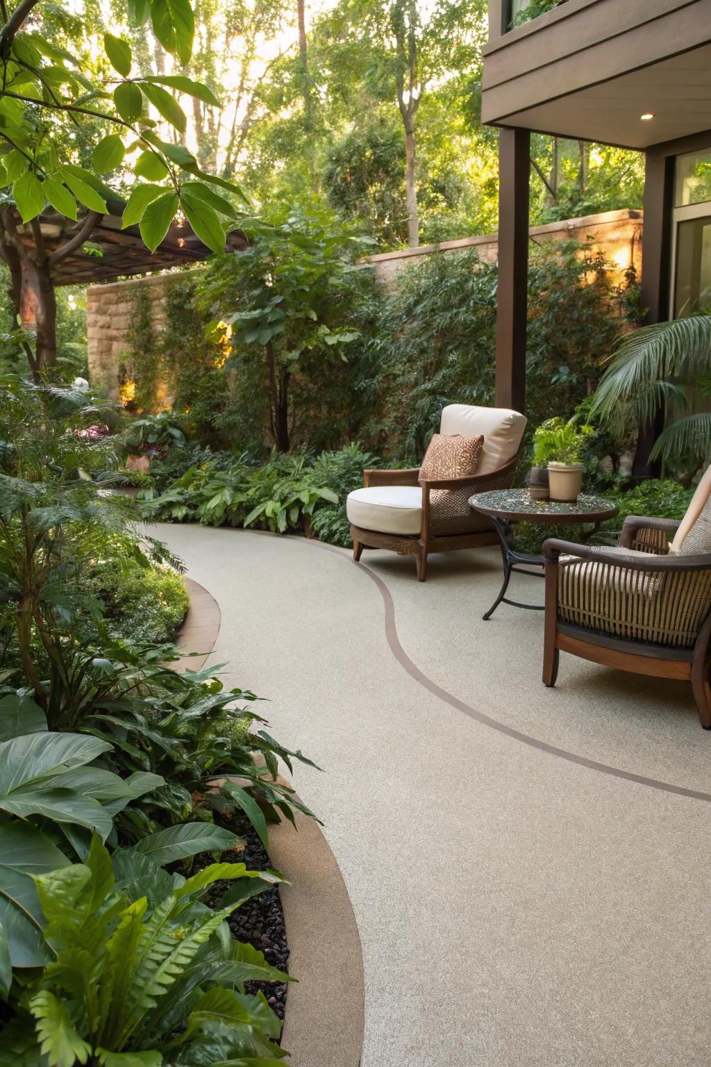 A charming curved resin patio surrounded by greenery and a comfortable seating setup.