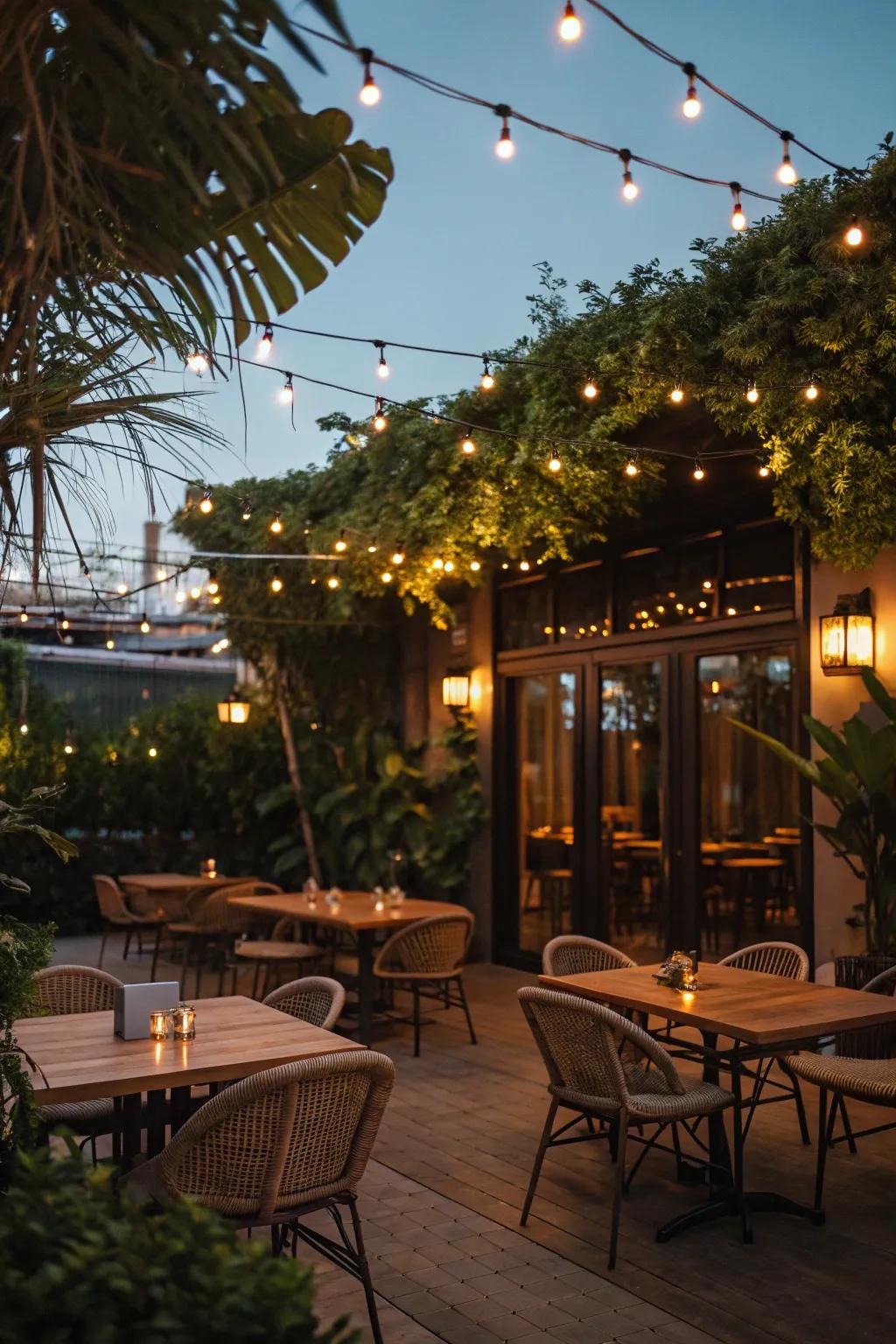 String lights create a magical and inviting atmosphere for outdoor dining.